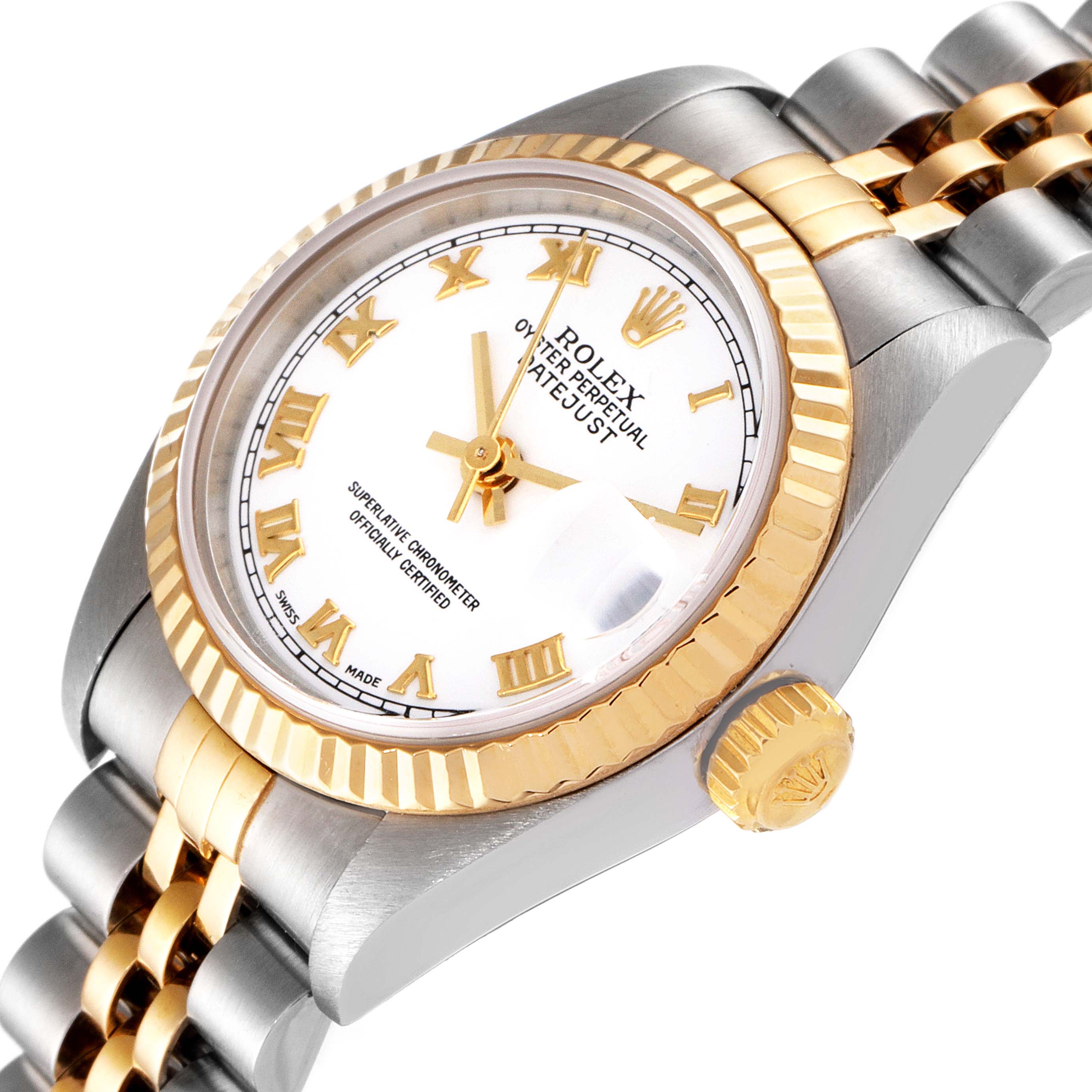 The image shows a close-up angle of a Rolex Datejust 79173 Women's Steel and Gold (two tone) White Dial 79173 Women's Steel and Gold (two tone) White Dial watch, highlighting the face, bezel, crown, and part of the bracelet.