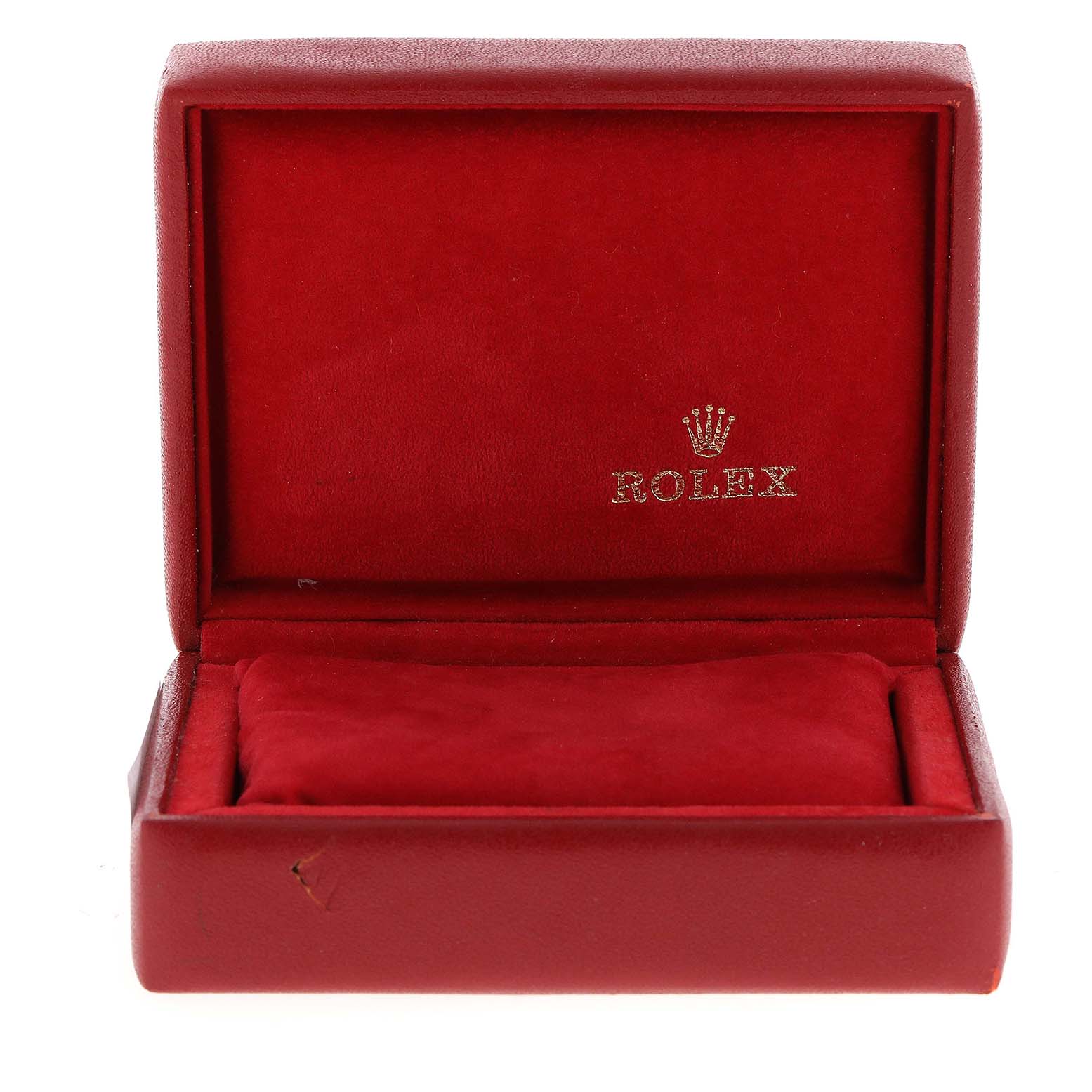 This image shows an empty, open red Rolex watch box designed for the Datejust model.