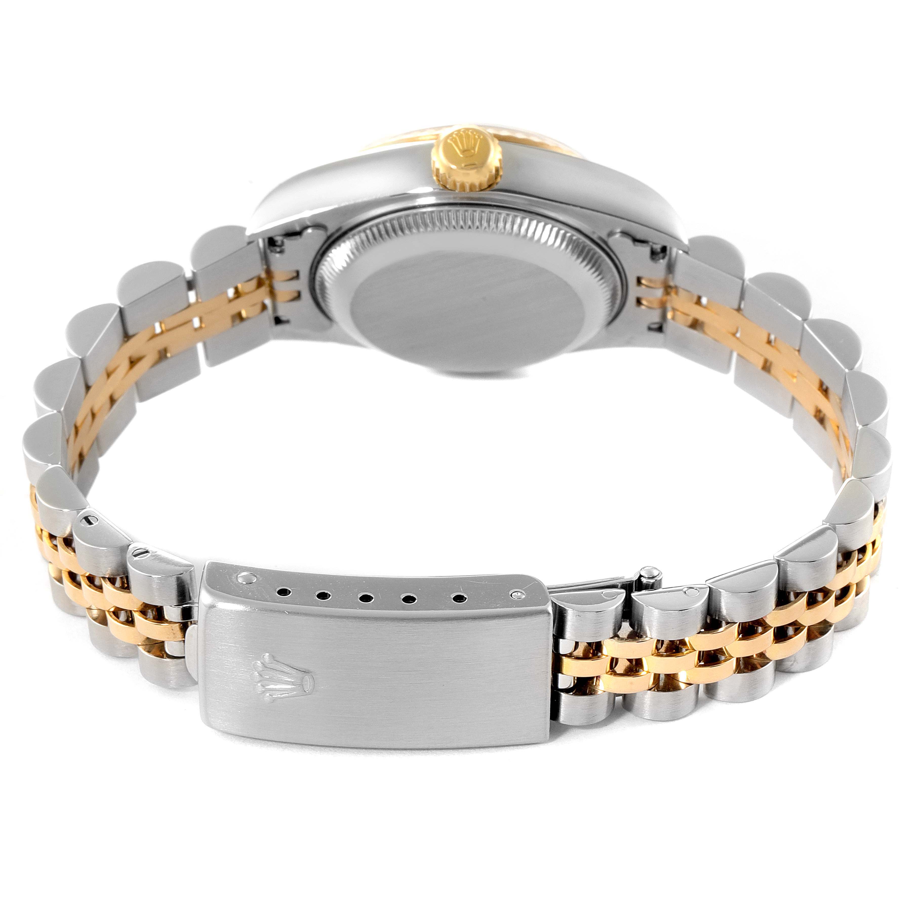 The image shows the back and side view of a Rolex Datejust 79173 Women's Steel and Gold (two tone) White Dial 79173 Women's Steel and Gold (two tone) White Dial watch emphasizing the clasp, bracelet, and case back.