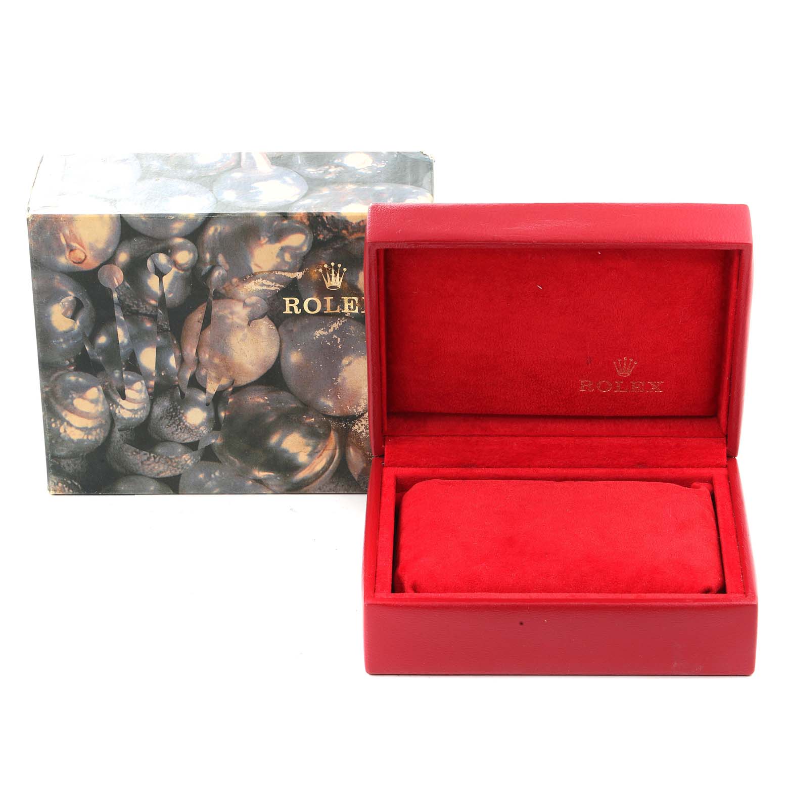 This image shows the packaging box and red cushioned case for a Rolex Datejust 69173 Women
s Steel and Gold (two tone) Champagne Dial 69173 Women
s Steel and Gold (two tone) Champagne Dial watch.