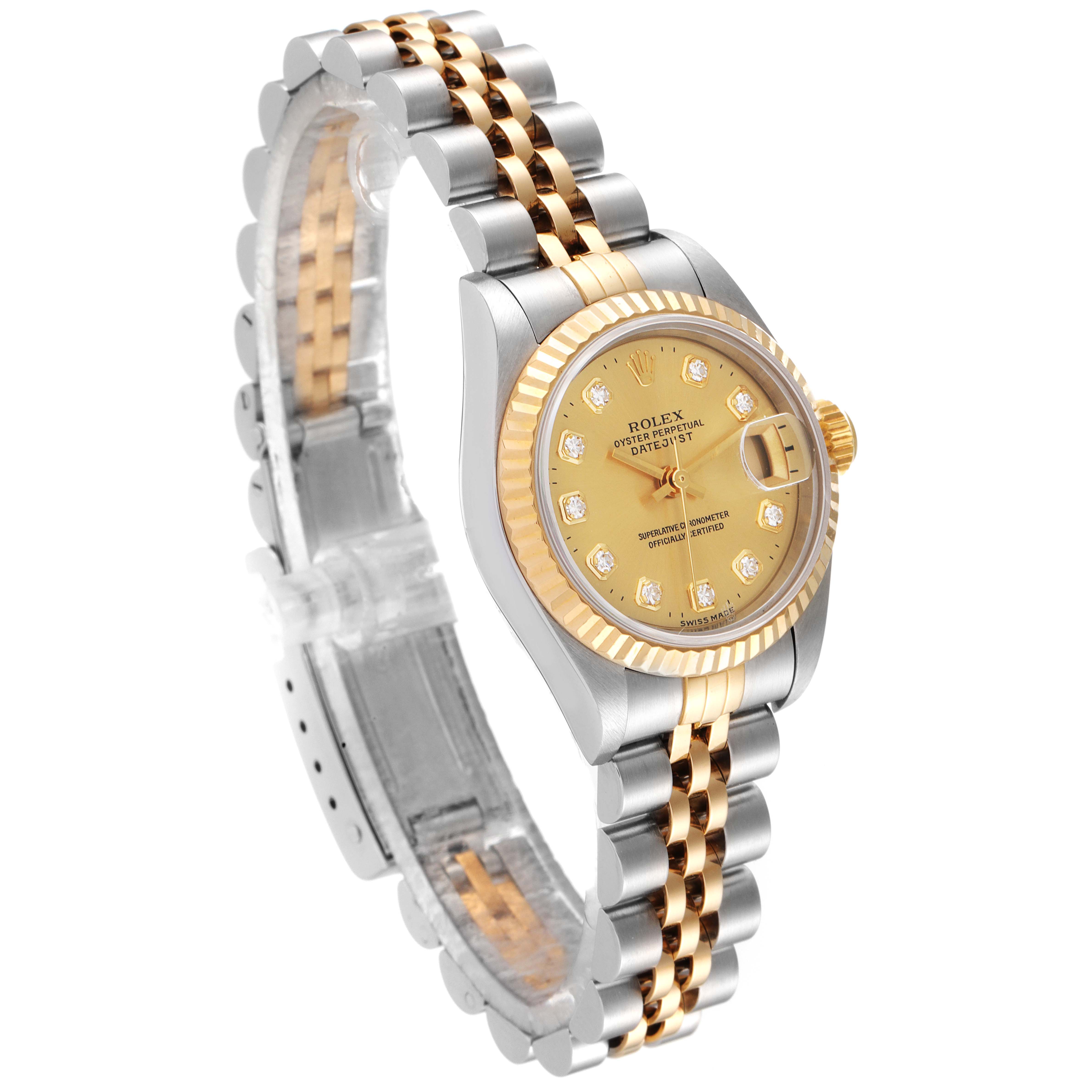 This Rolex Datejust 69173 Women
s Steel and Gold (two tone) Champagne Dial 69173 Women
s Steel and Gold (two tone) Champagne Dial model is shown from a slight side angle, highlighting its gold and silver bracelet and yellow dial with diamond hour markers.