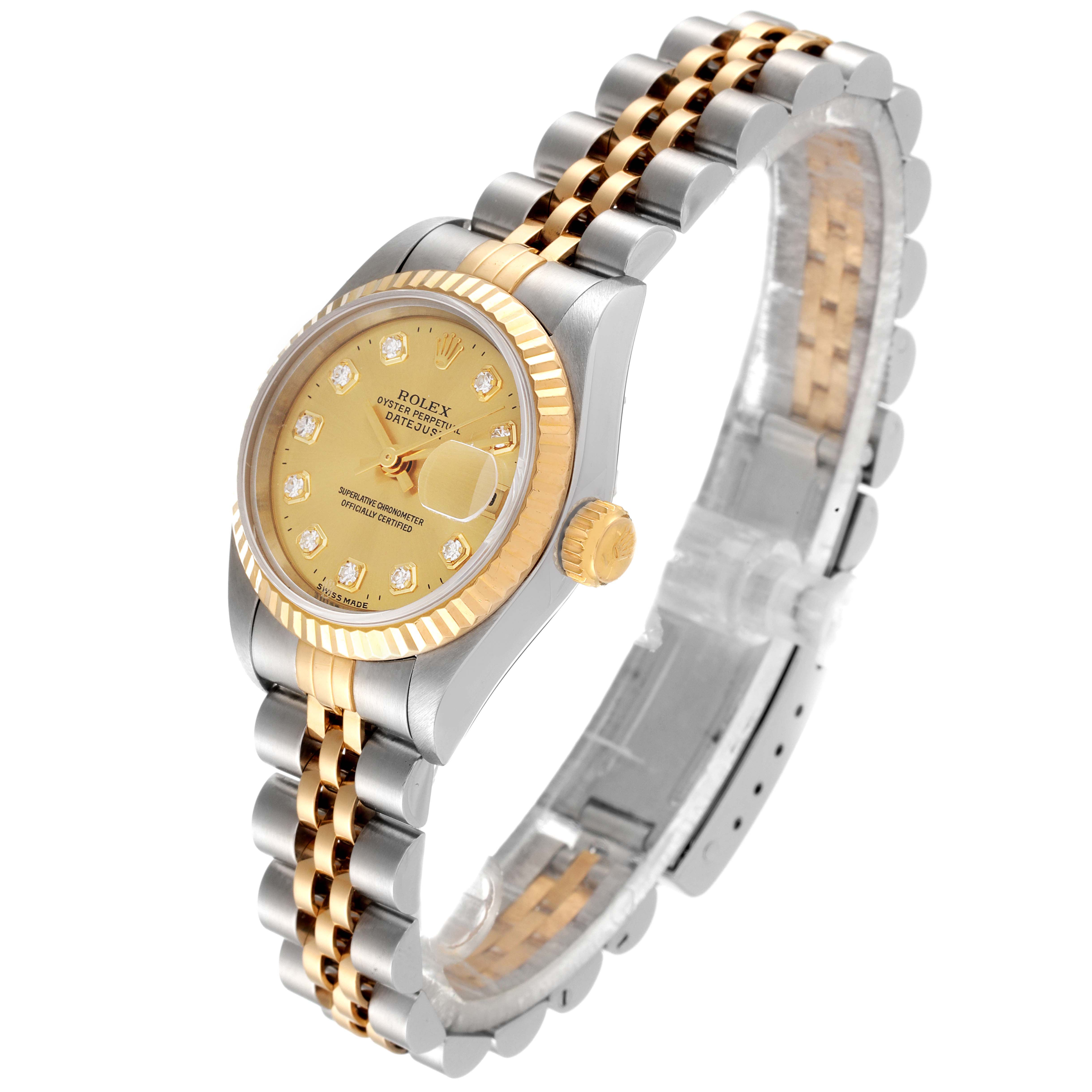 The Rolex Datejust 69173 Women
s Steel and Gold (two tone) Champagne Dial 69173 Women
s Steel and Gold (two tone) Champagne Dial watch is shown at an angle showcasing the two-tone bracelet, clasp, dial, crown, and fluted bezel.