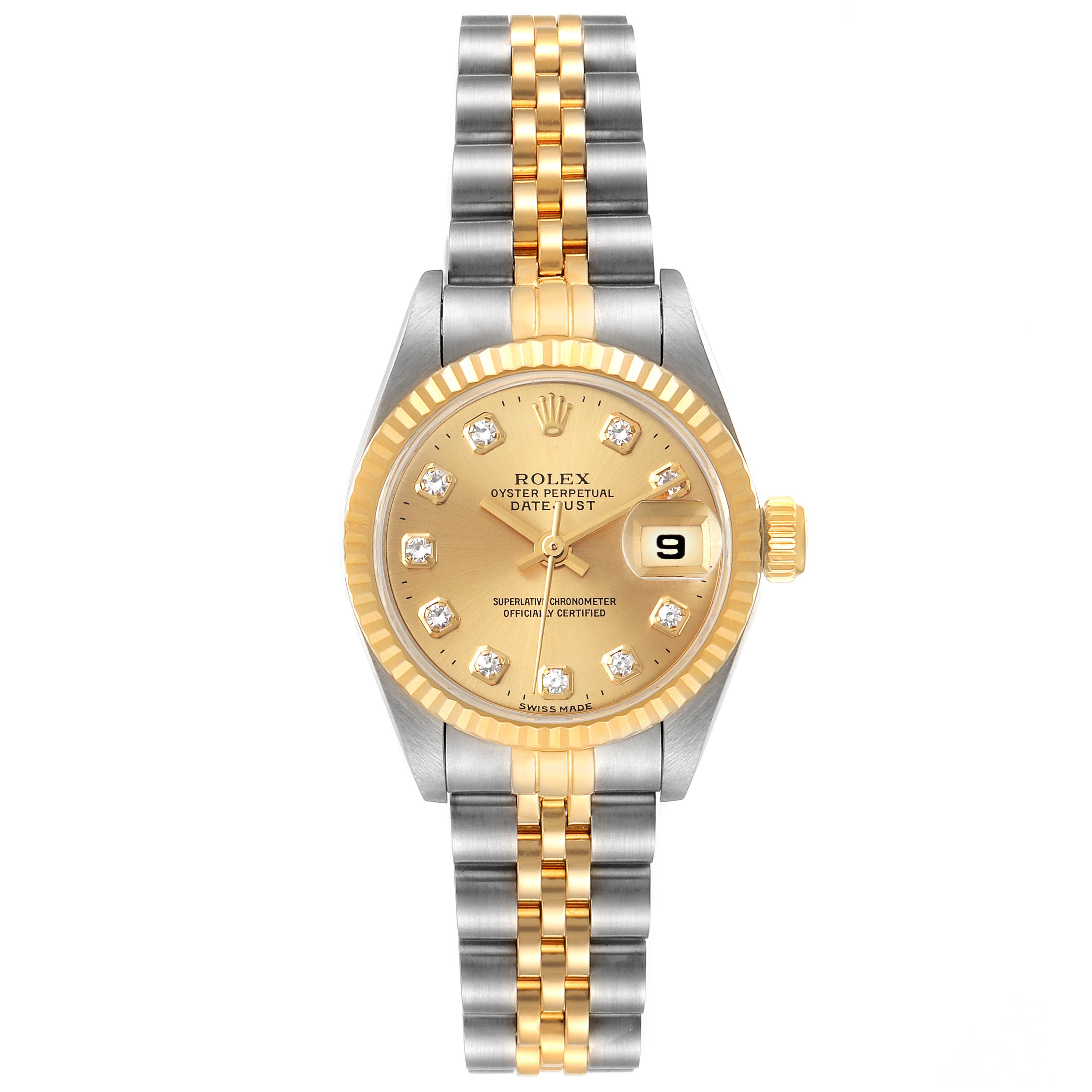 The Rolex Datejust 69173 Women
s Steel and Gold (two tone) Champagne Dial 69173 Women
s Steel and Gold (two tone) Champagne Dial watch is shown from a front angle, highlighting its gold dial, two-tone metal bracelet, date window, and diamond hour markers.