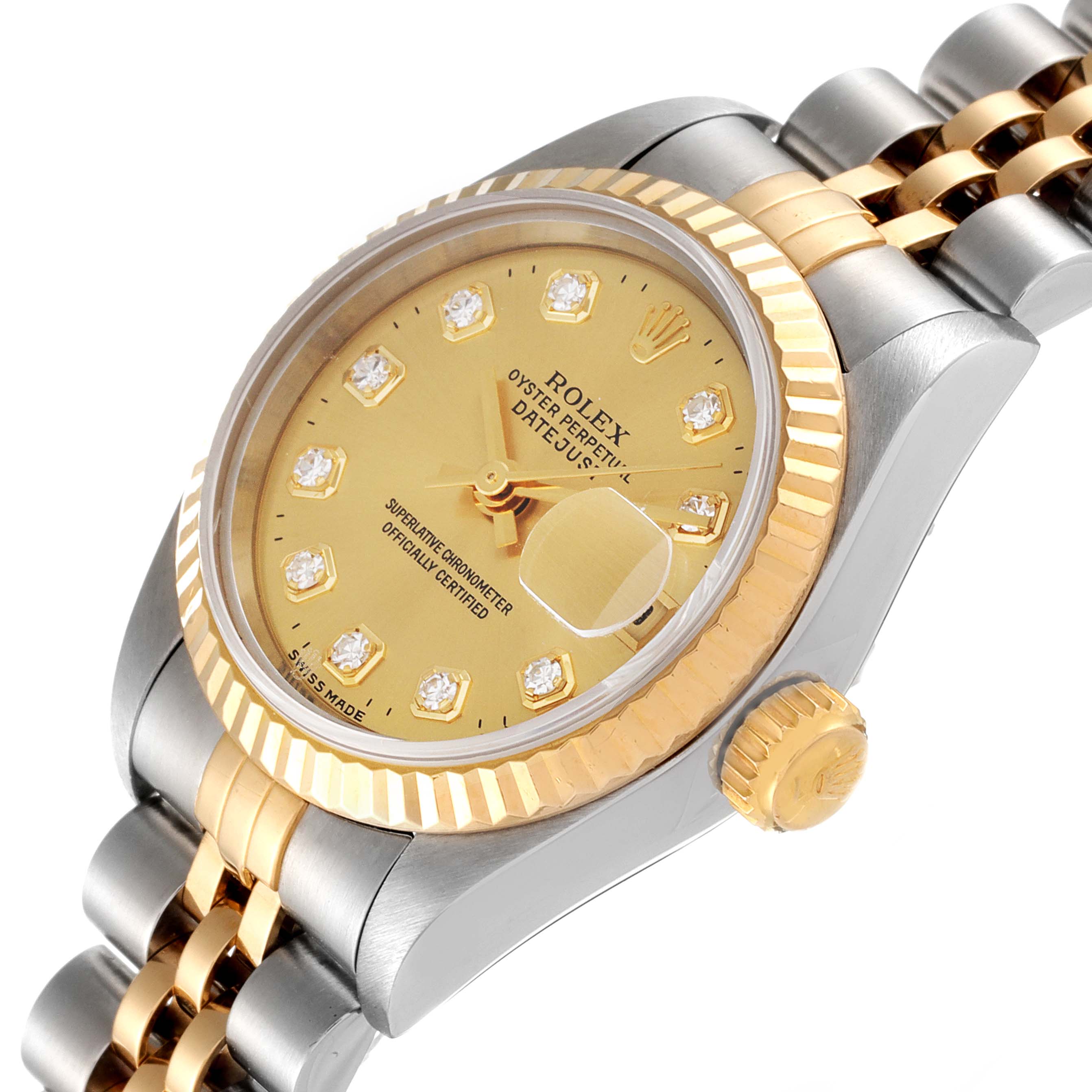 This image shows a close-up angle of the Rolex Datejust 69173 Women
s Steel and Gold (two tone) Champagne Dial 69173 Women
s Steel and Gold (two tone) Champagne Dial watch, highlighting its face, bezel, crown, and part of the bracelet.