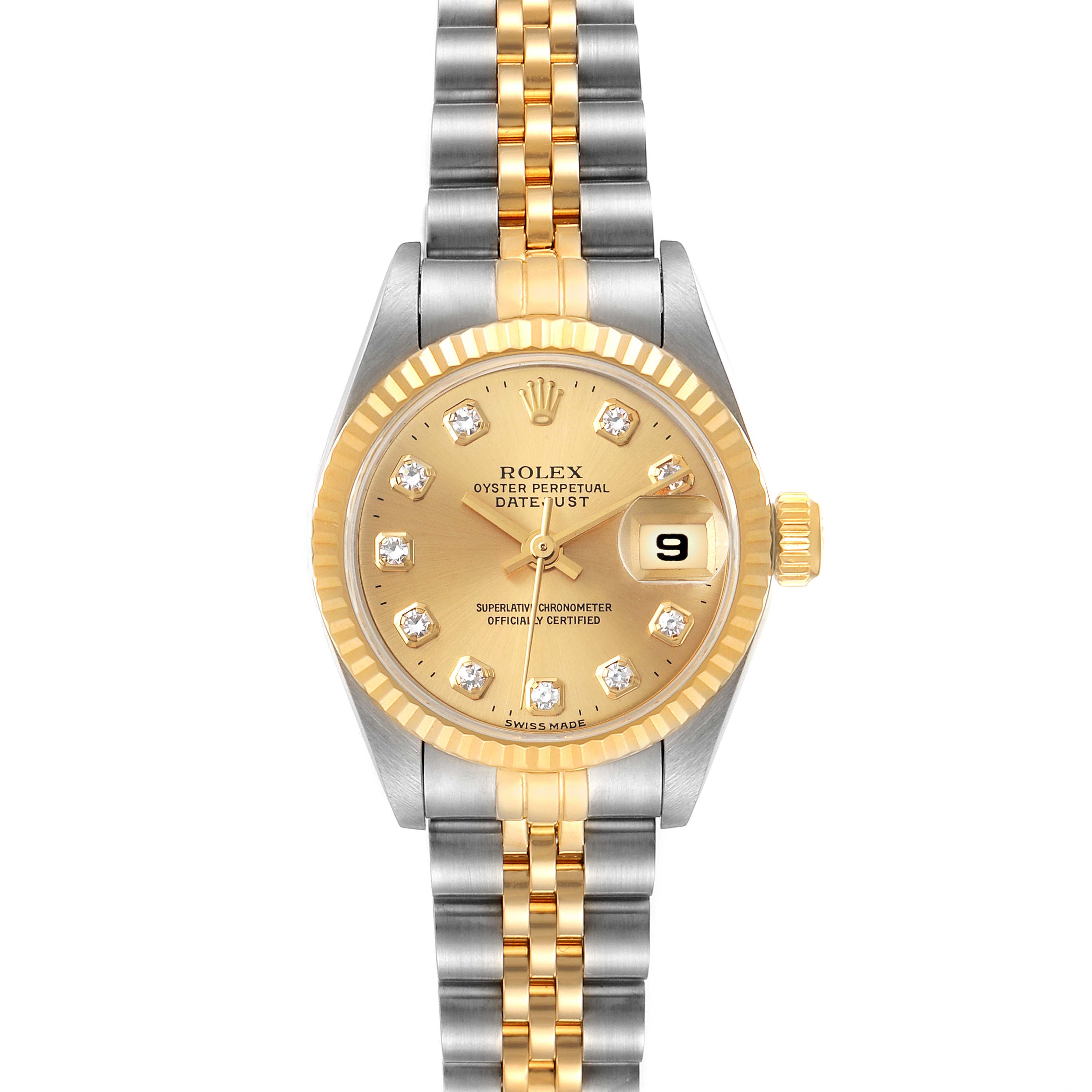 This image shows the front view of a Rolex Datejust 69173 Women
s Steel and Gold (two tone) Champagne Dial 69173 Women
s Steel and Gold (two tone) Champagne Dial watch, highlighting the dial, bezel, and bracelet.
