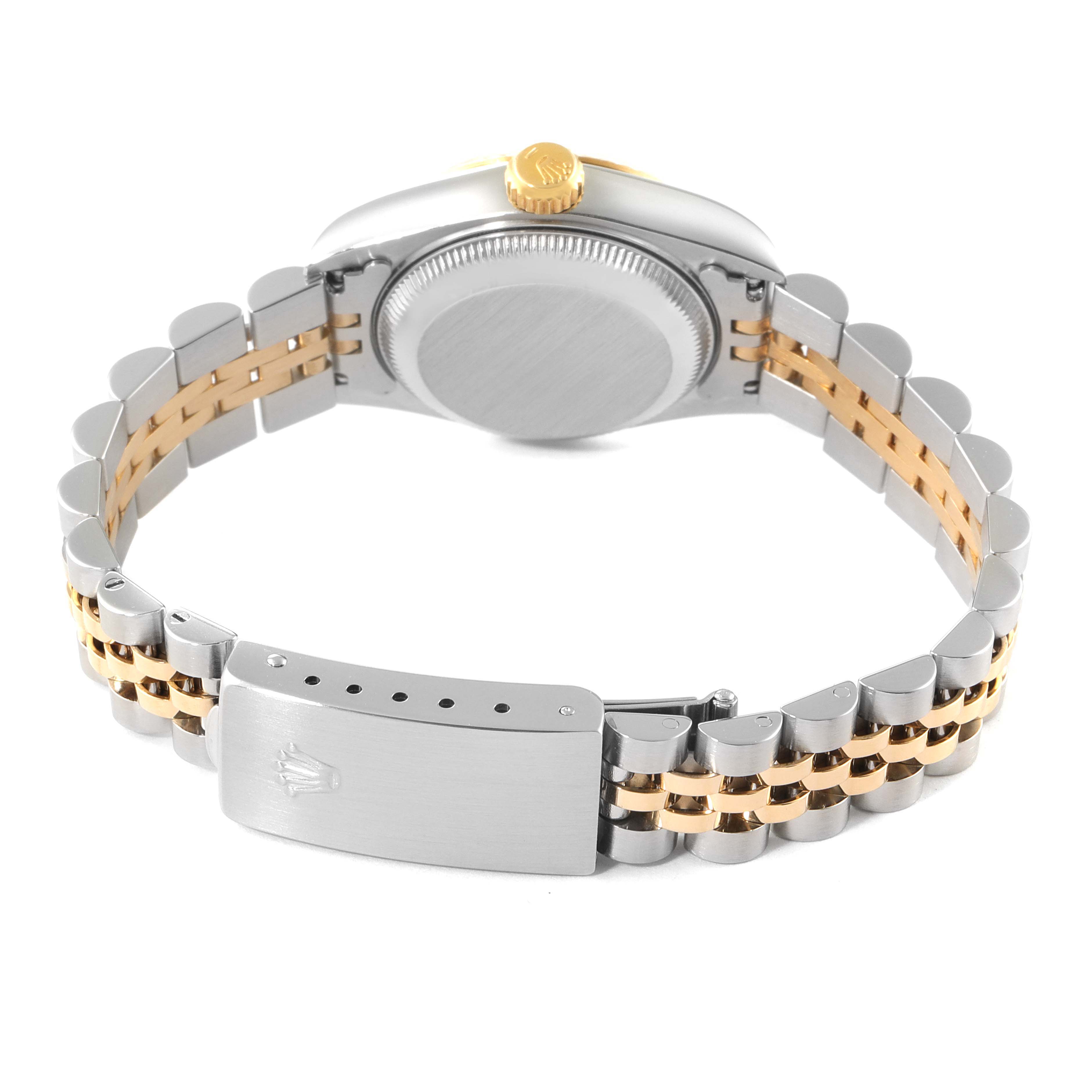 This image shows the back and clasp of a Rolex Datejust 69173 Women
s Steel and Gold (two tone) Champagne Dial 69173 Women
s Steel and Gold (two tone) Champagne Dial watch, featuring a two-tone metal bracelet.