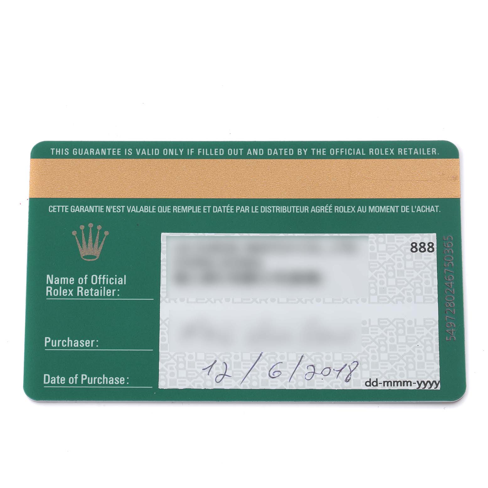 The image shows a top-down view of a Rolex warranty card for the Mid-Size model.