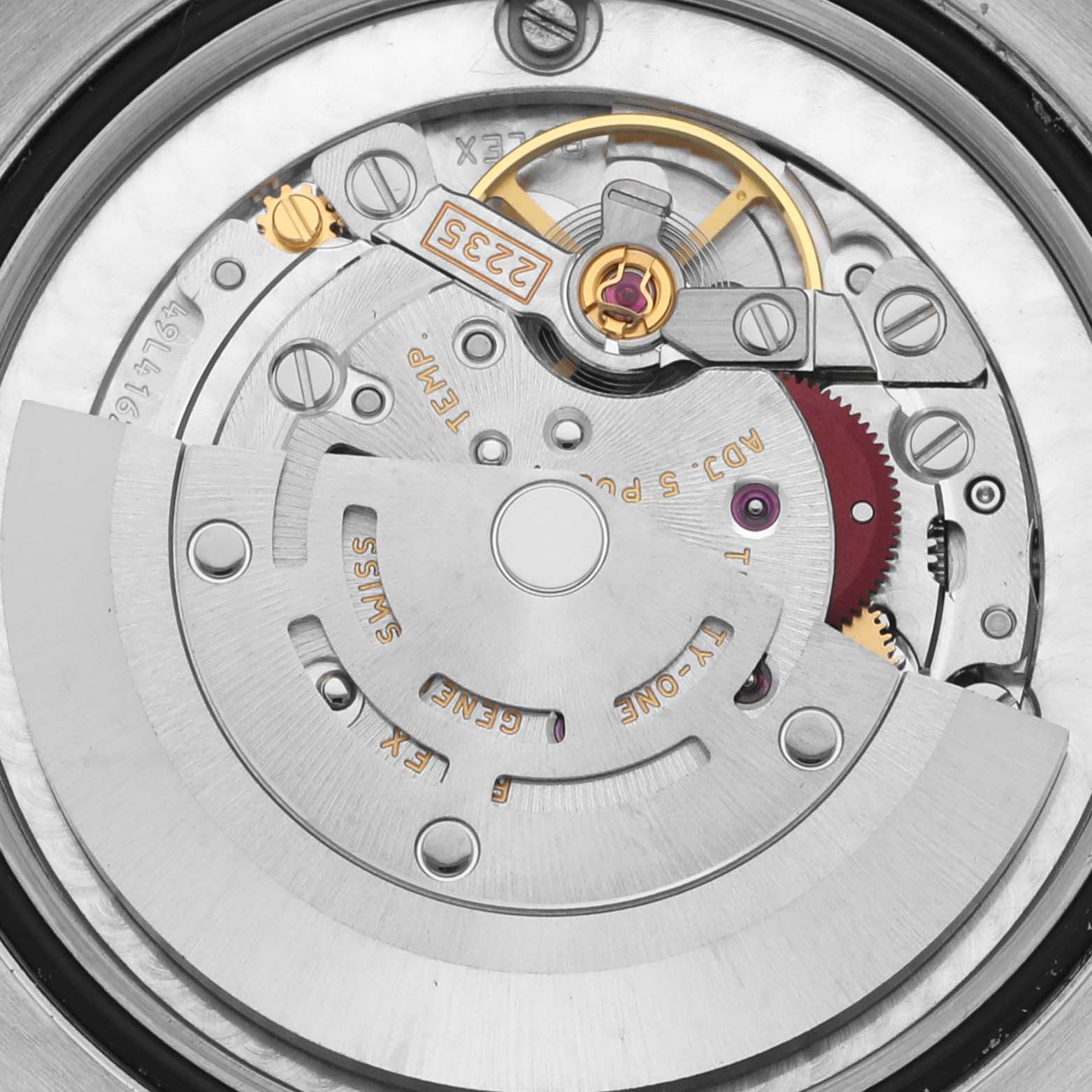 The image shows the movement of a Rolex Mid-Size 178341 Women's Steel and Gold (two tone) Mother of Pearl Dial 178341 Women's Steel and Gold (two tone) Mother of Pearl Dial model from a top-down angle, highlighting the rotor and other internal components.