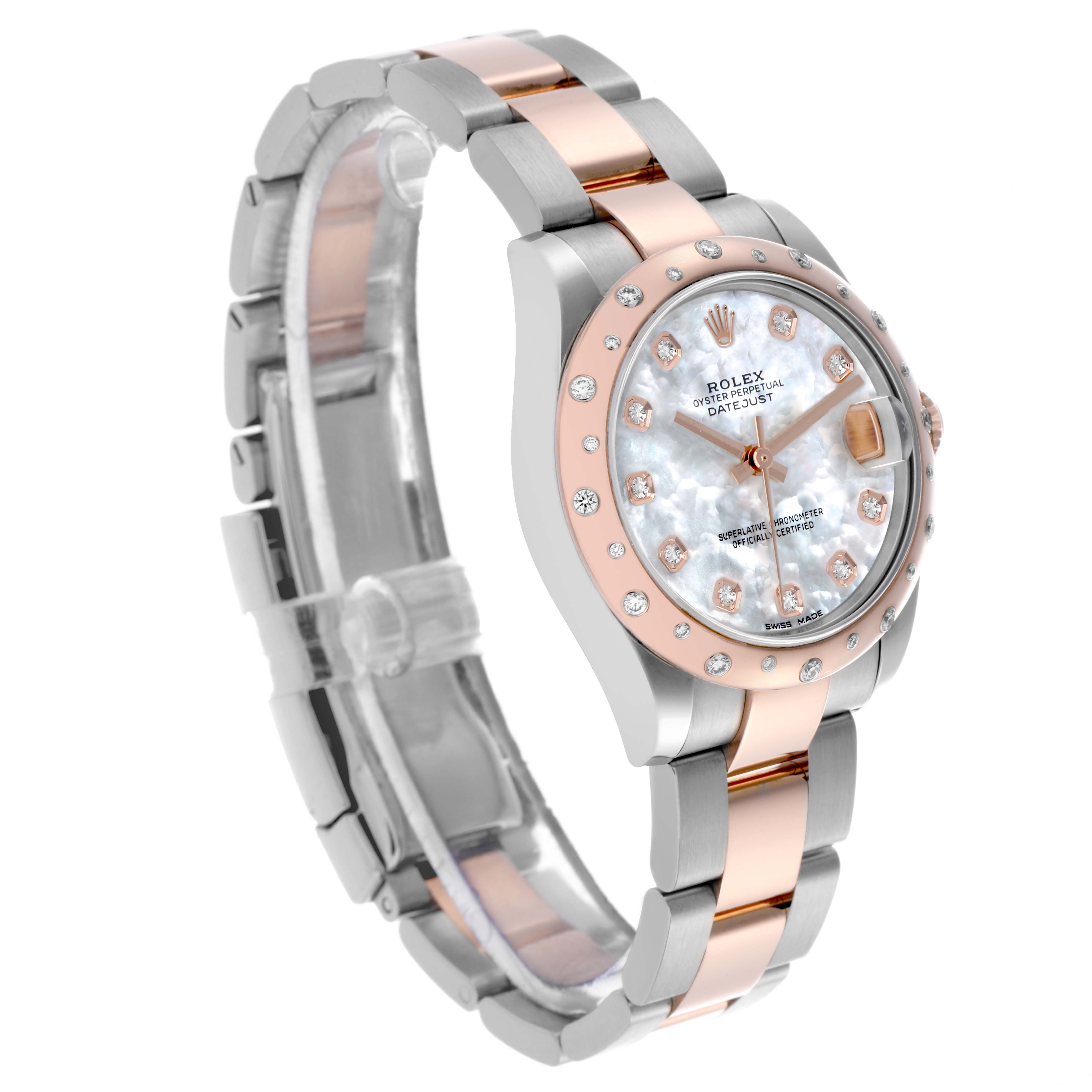 The Rolex Mid-Size 178341 Women's Steel and Gold (two tone) Mother of Pearl Dial 178341 Women's Steel and Gold (two tone) Mother of Pearl Dial watch is shown at an oblique angle, displaying its dial, bezel, strap, and clasp.