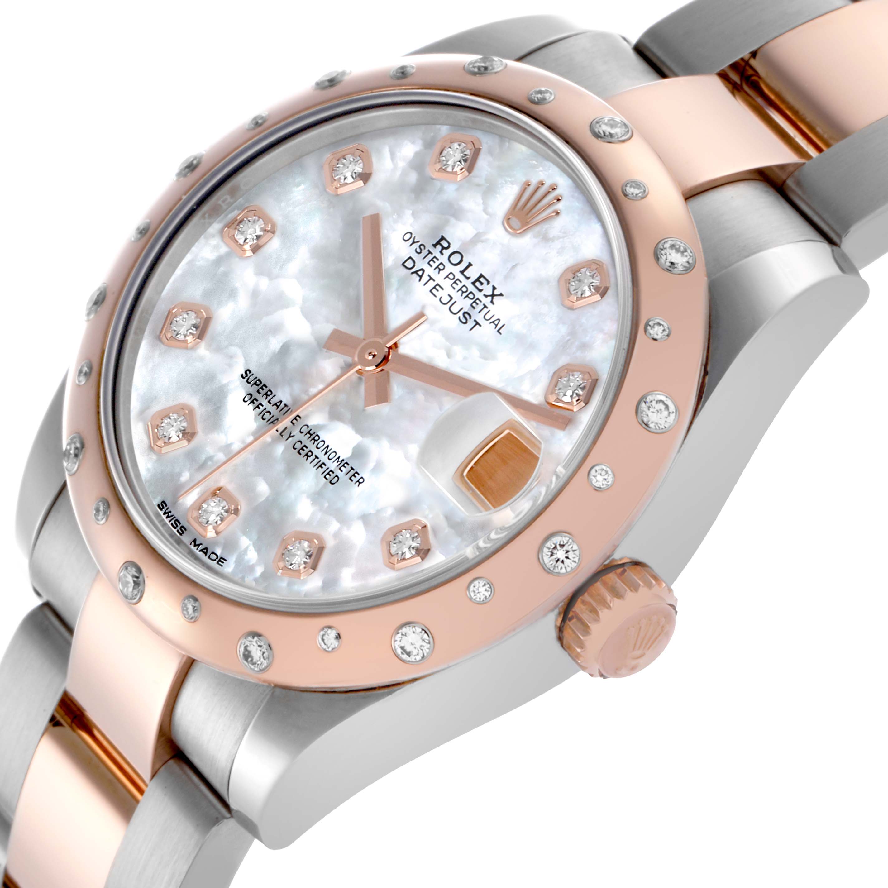 The Rolex Mid-Size 178341 Women's Steel and Gold (two tone) Mother of Pearl Dial 178341 Women's Steel and Gold (two tone) Mother of Pearl Dial watch is shown at a slight angle, highlighting the face, bezel, crown, and part of the bracelet.