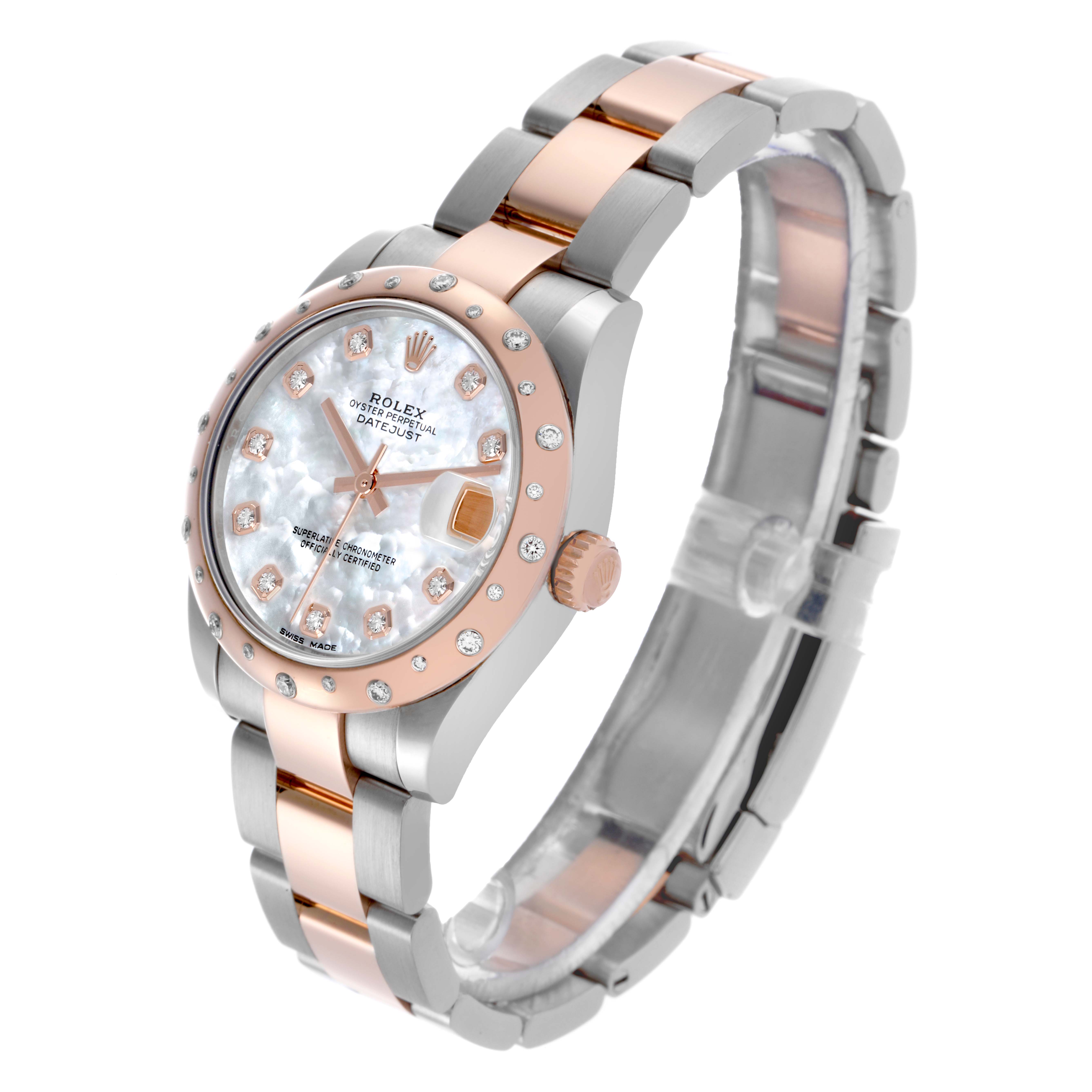 The Rolex Mid-Size 178341 Women's Steel and Gold (two tone) Mother of Pearl Dial 178341 Women's Steel and Gold (two tone) Mother of Pearl Dial watch is shown from a three-quarter angle, highlighting the dial, bezel, crown, and bracelet.