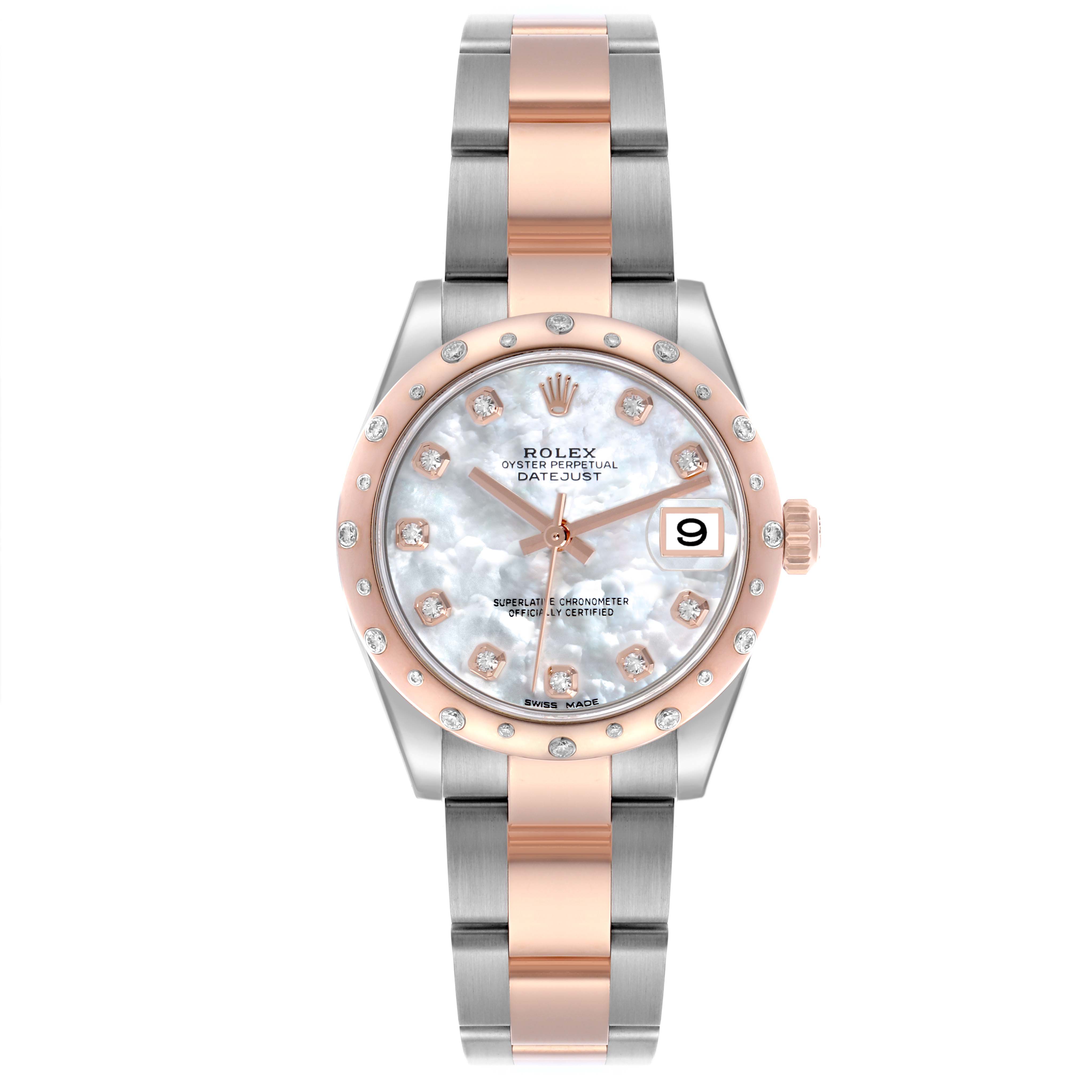 The Rolex Mid-Size 178341 Women's Steel and Gold (two tone) Mother of Pearl Dial 178341 Women's Steel and Gold (two tone) Mother of Pearl Dial watch is shown from a front angle, displaying its dial, bezel, and bracelet.