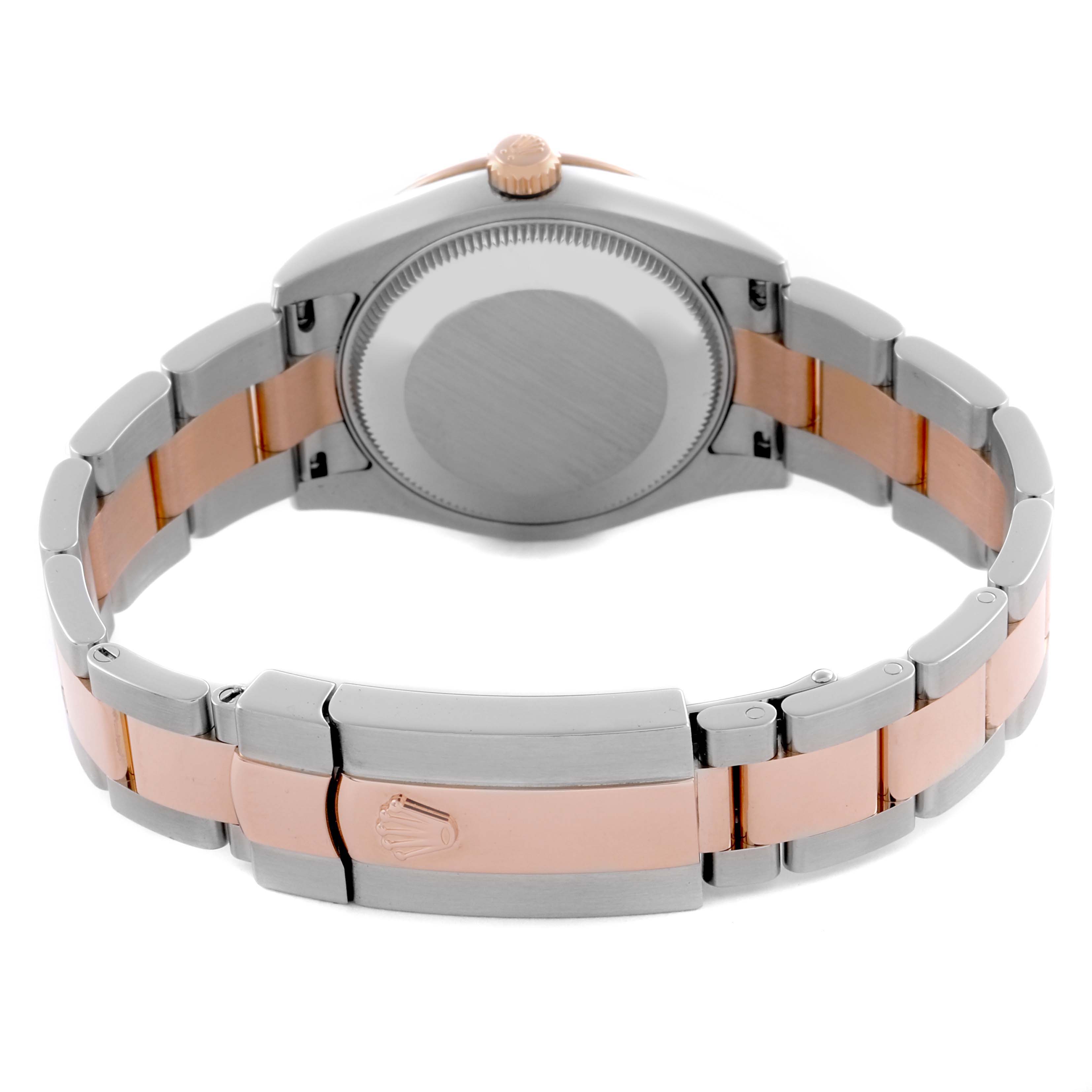 The image shows a rear view of the Rolex Mid-Size 178341 Women's Steel and Gold (two tone) Mother of Pearl Dial 178341 Women's Steel and Gold (two tone) Mother of Pearl Dial watch, highlighting the bracelet and case back.