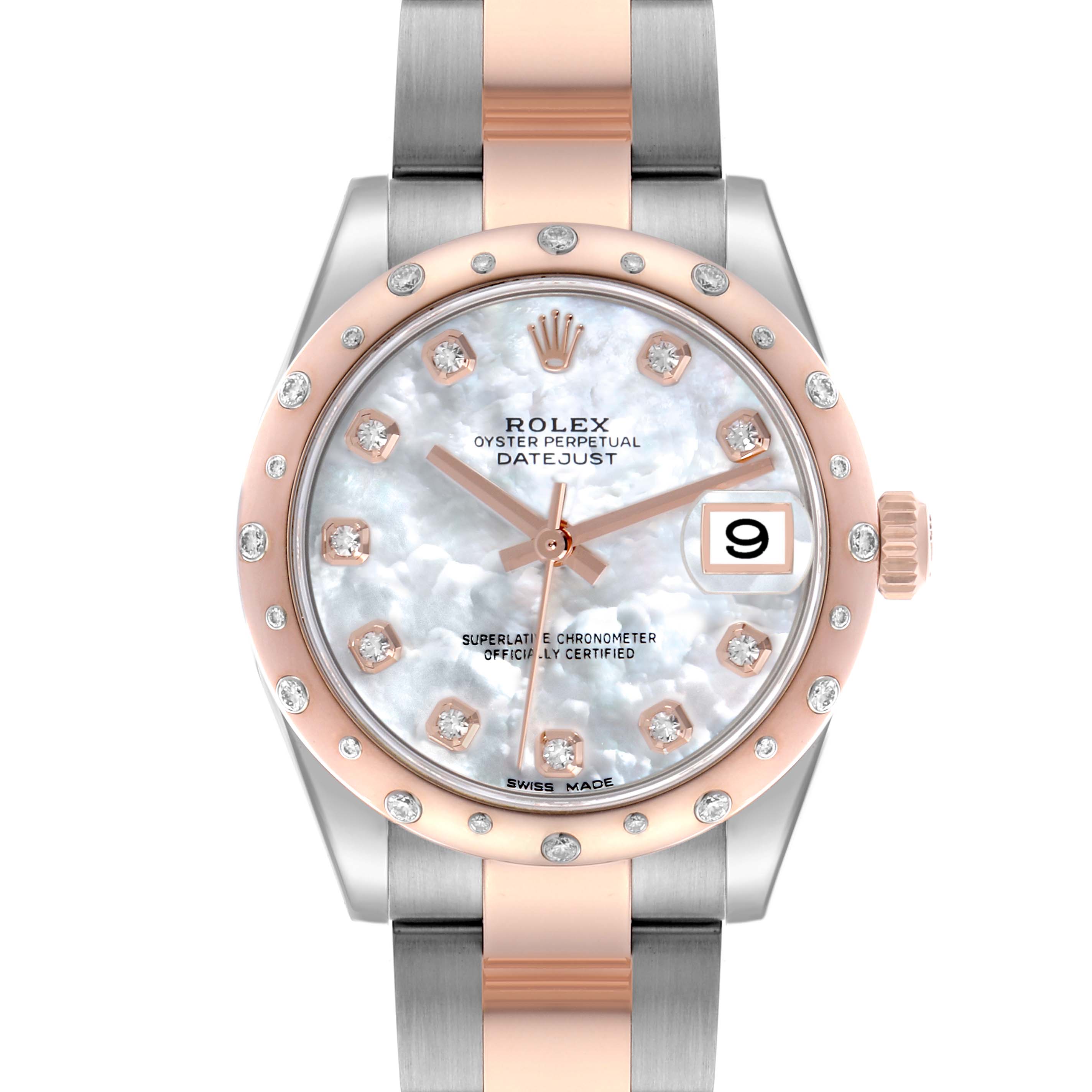 The Rolex Datejust Mid-Size watch is shown from a front angle, highlighting its mother-of-pearl dial, diamond hour markers, and two-tone bracelet.