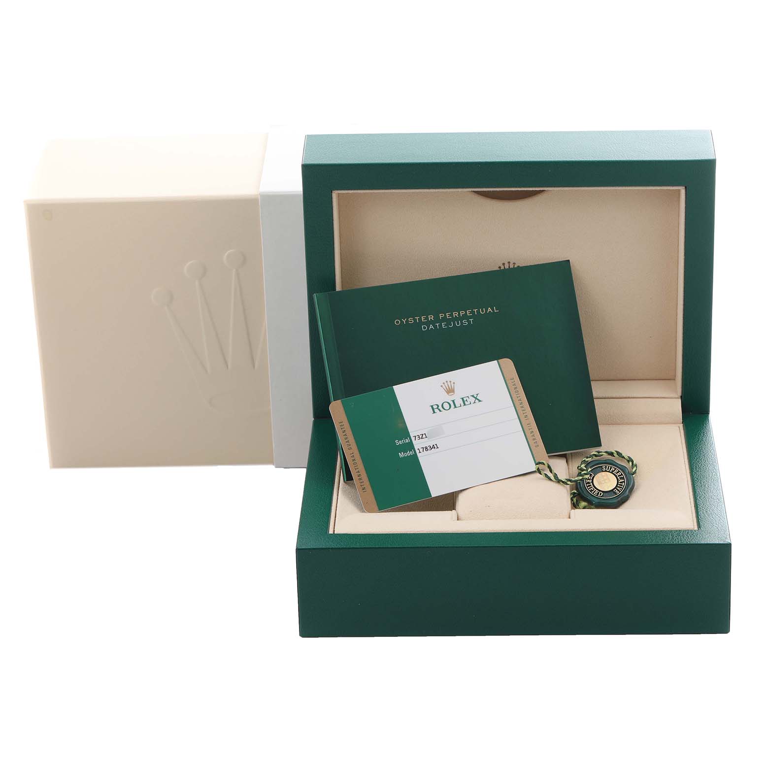 The image shows the packaging and accessories of a Rolex Mid-Size 178341 Women's Steel and Gold (two tone) Mother of Pearl Dial 178341 Women's Steel and Gold (two tone) Mother of Pearl Dial model, including the box, warranty card, and booklet.