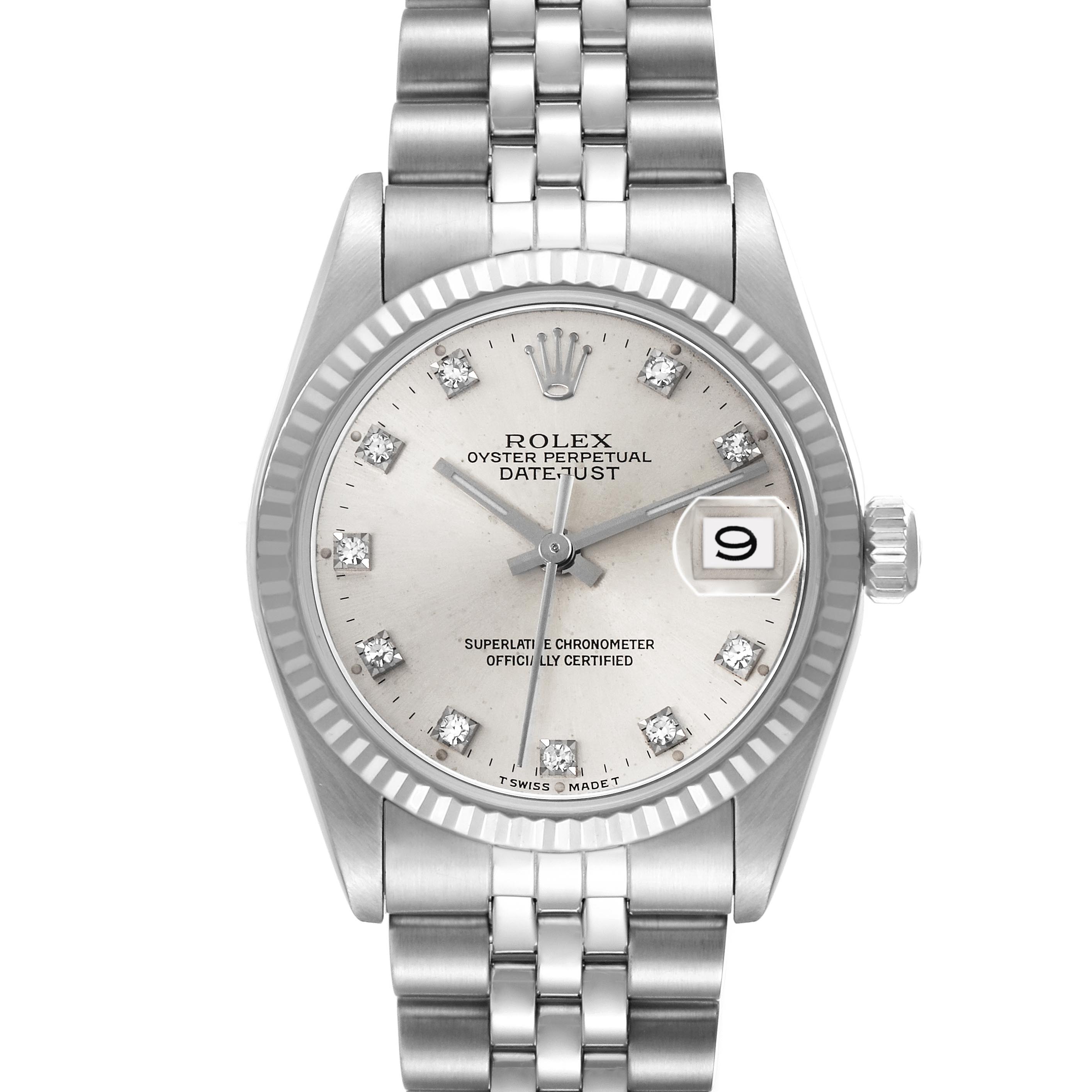 The Rolex Mid-Size 68274 Women's Stainless Steel Silver Dial 68274 Women's Stainless Steel Silver Dial model is shown from a front angle, displaying the dial, bezel, hands, date window, and bracelet.