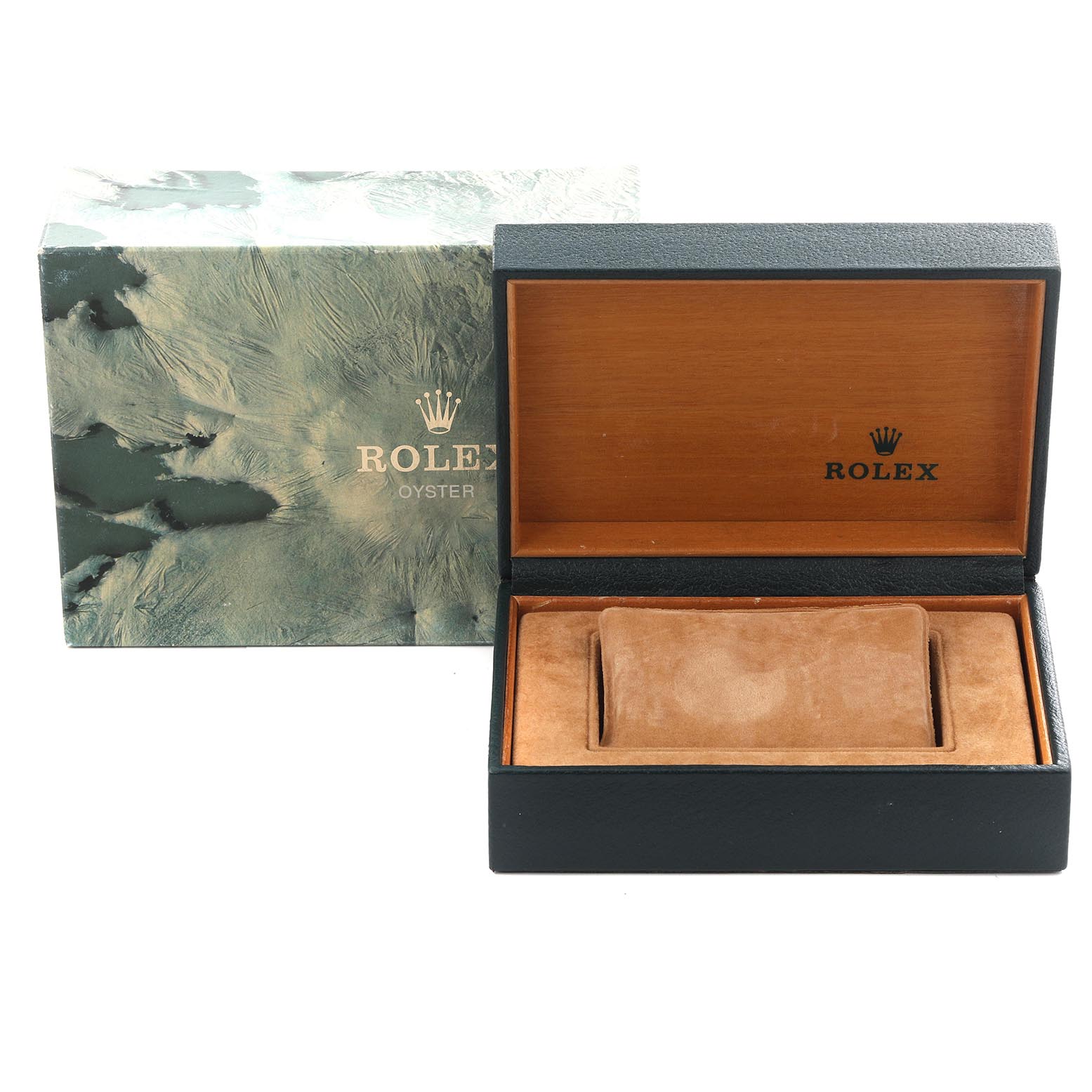 The image shows a Rolex watch box and outer cover, viewed from the front, used for a Mid-Size model.