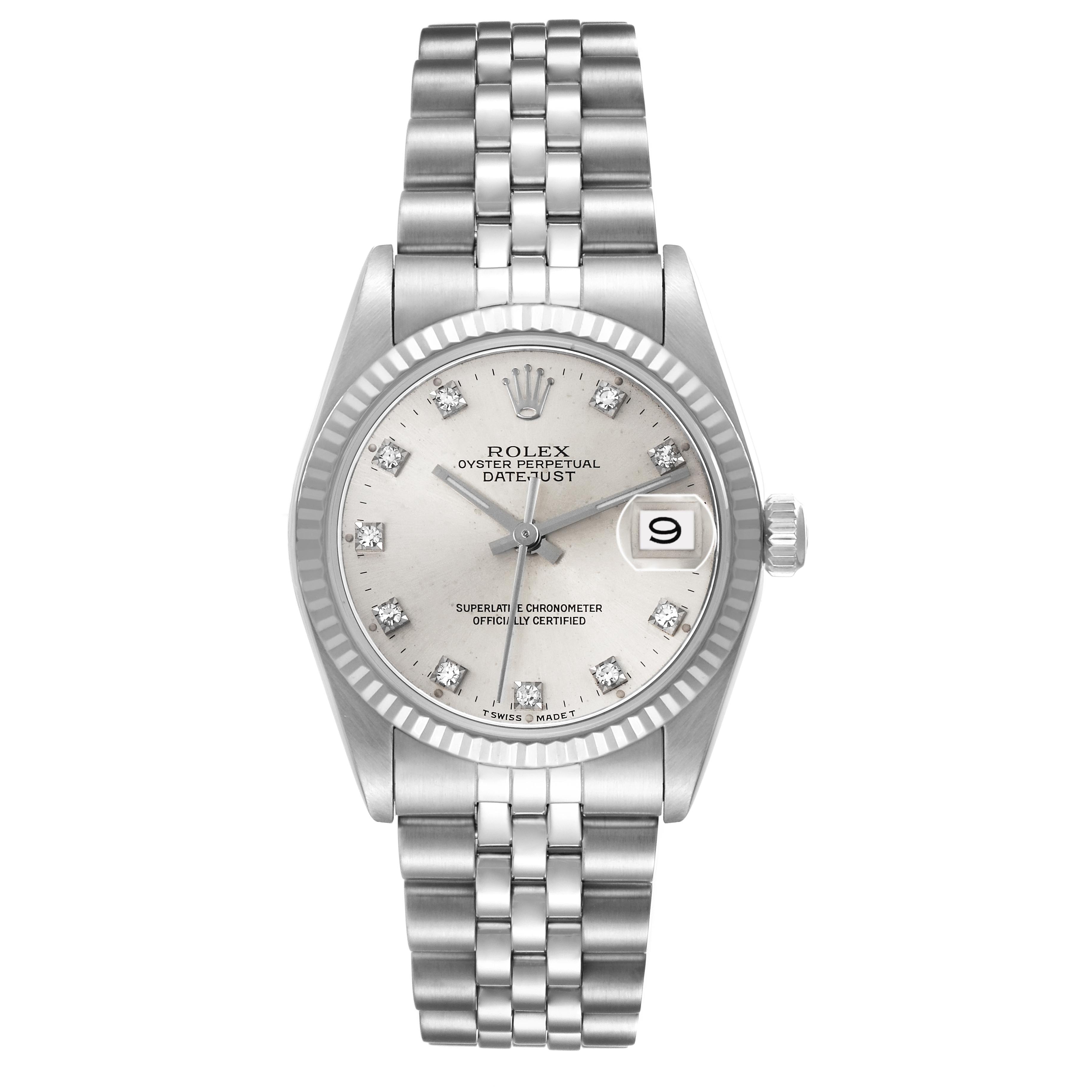 The Rolex Datejust Mid-Size watch is shown from the front, displaying the dial, fluted bezel, bracelet, and cyclops lens over the date.