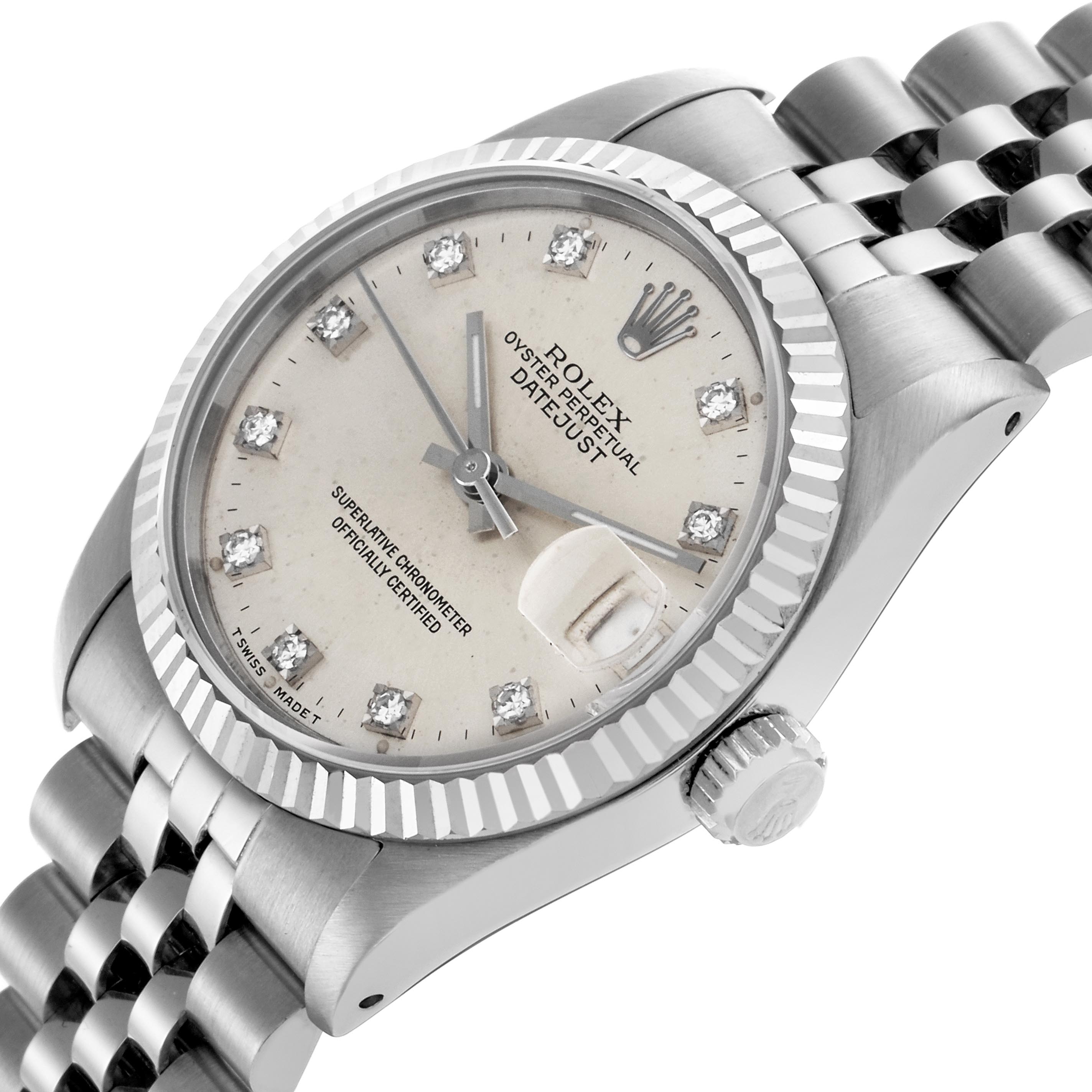 The Rolex Mid-Size 68274 Women's Stainless Steel Silver Dial 68274 Women's Stainless Steel Silver Dial watch is shown at a slight angle highlighting the dial, bezel, crown, and part of the bracelet.
