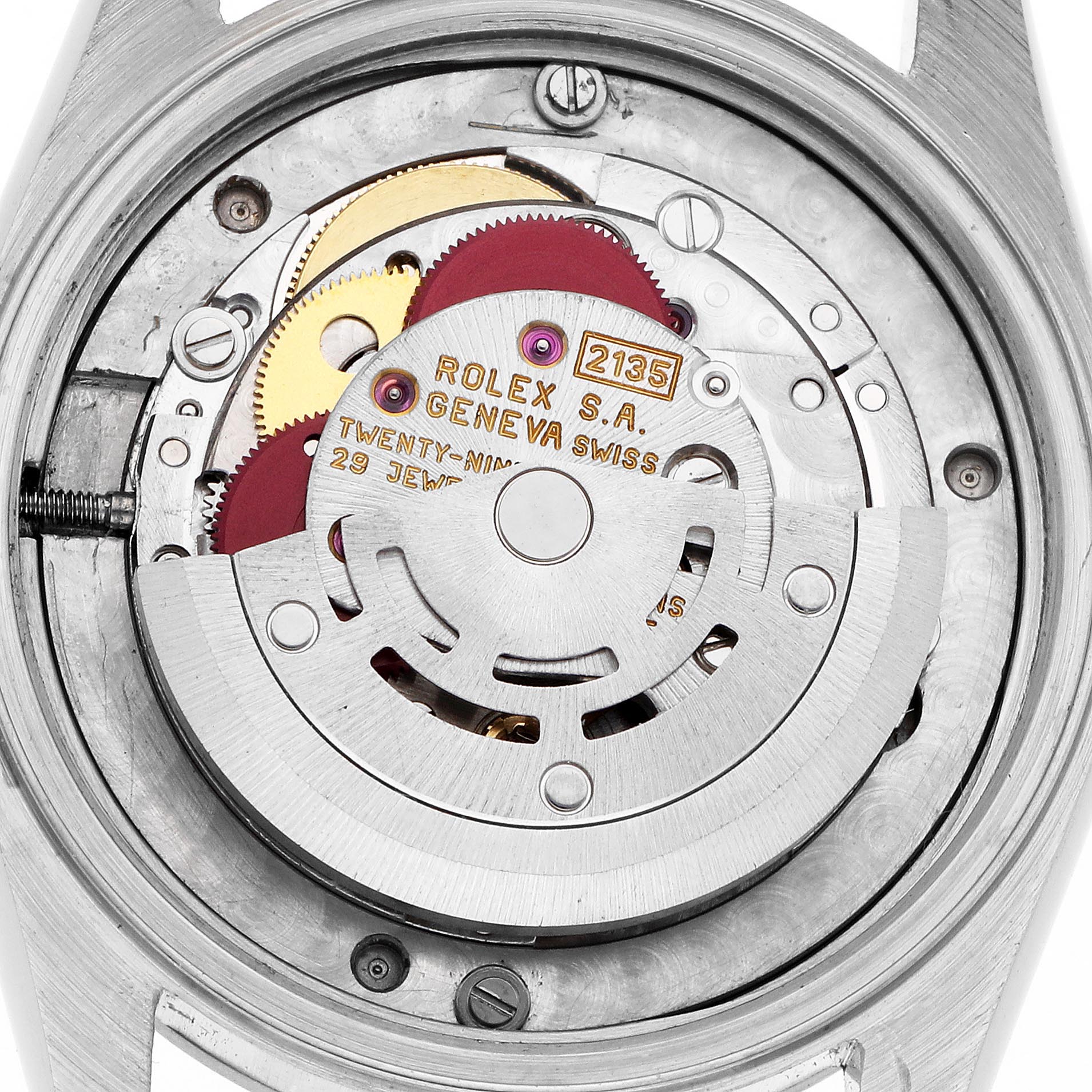The image shows the movement mechanism of a Rolex Mid-Size 68274 Women's Stainless Steel Silver Dial 68274 Women's Stainless Steel Silver Dial model from the back, including gears and rotors.