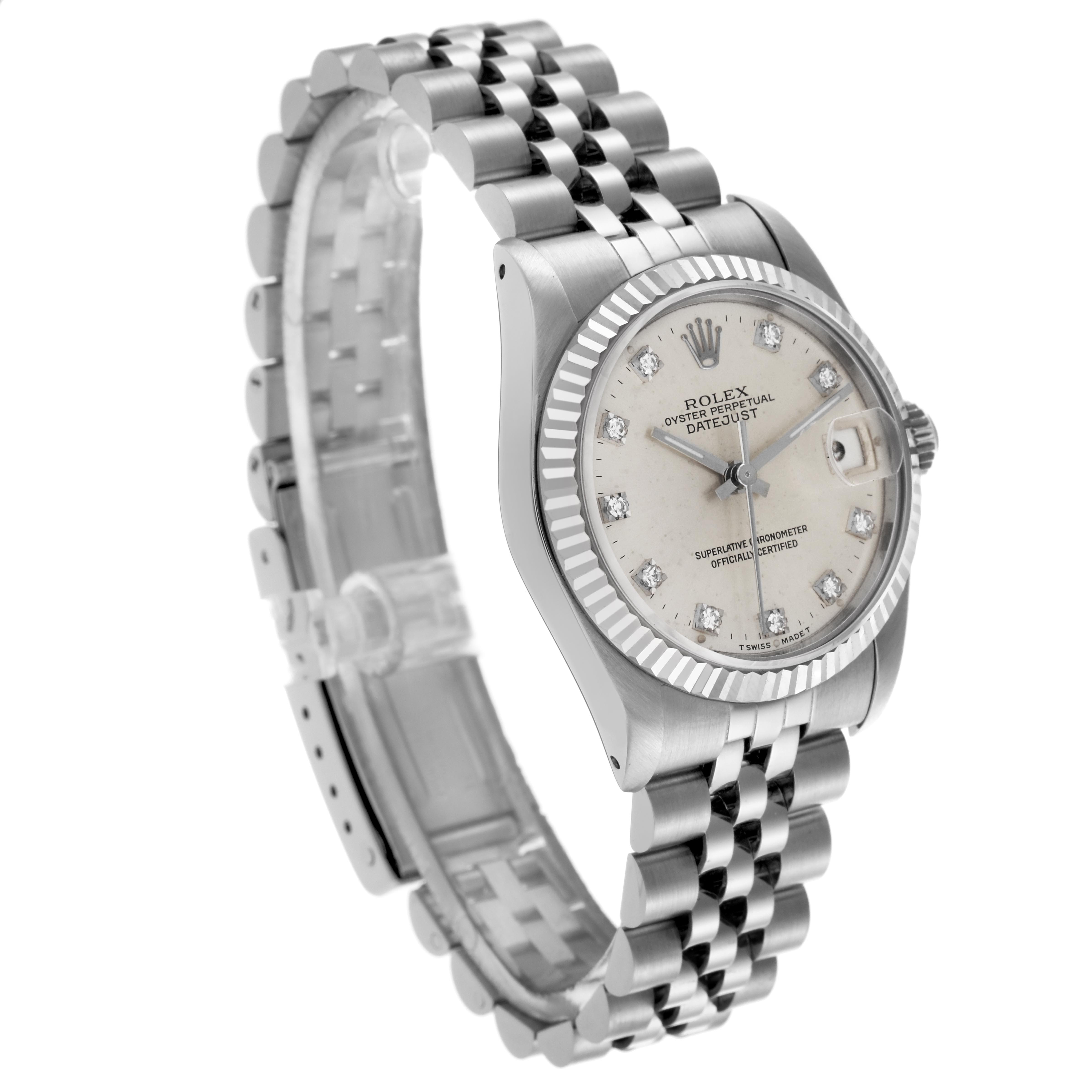 The Rolex Mid-Size 68274 Women's Stainless Steel Silver Dial 68274 Women's Stainless Steel Silver Dial model is shown at a three-quarter angle, highlighting the dial, bezel, crown, and bracelet.