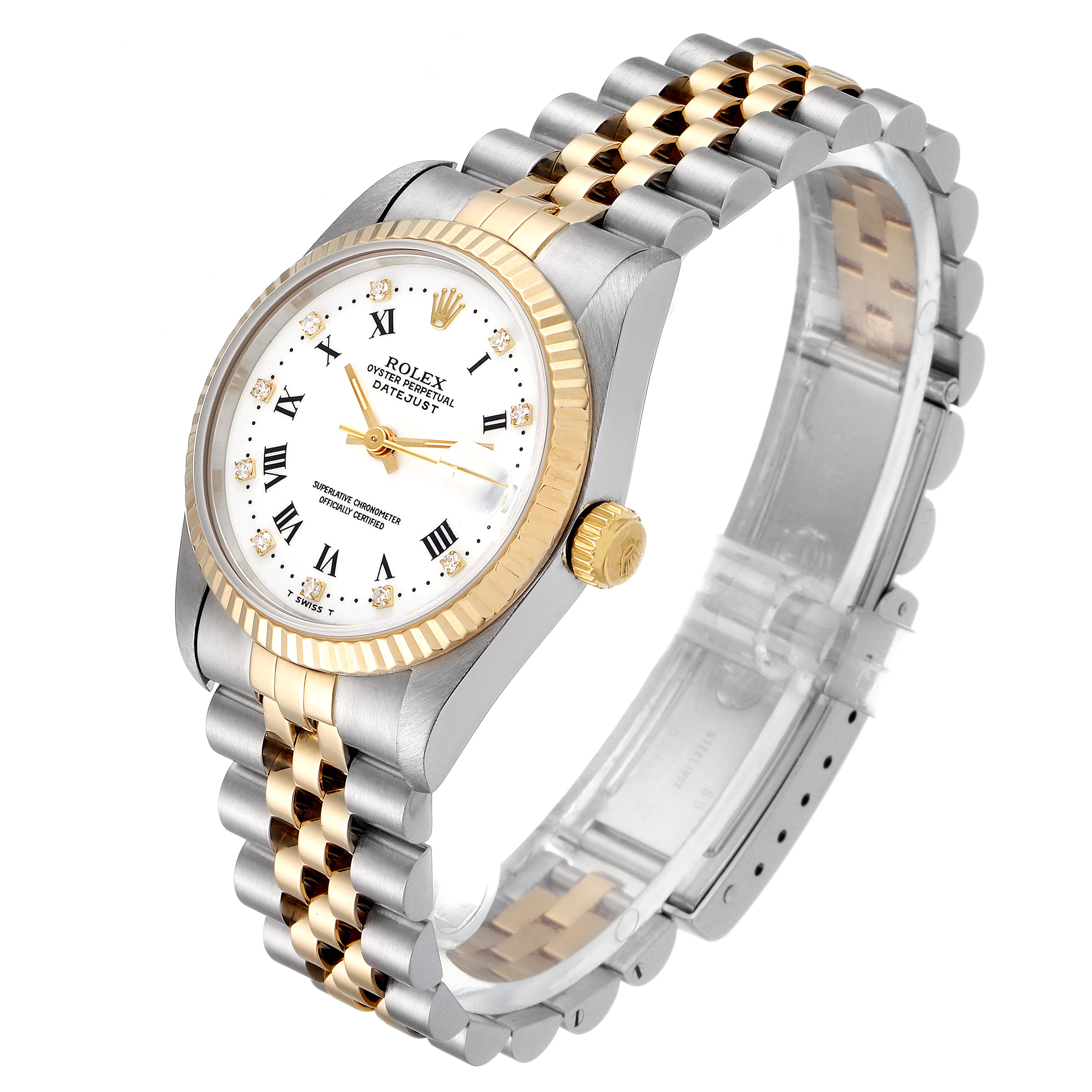 This is a Rolex Datejust Mid-Size watch shown at a three-quarter angle highlighting its face, bezel, and bracelet.
