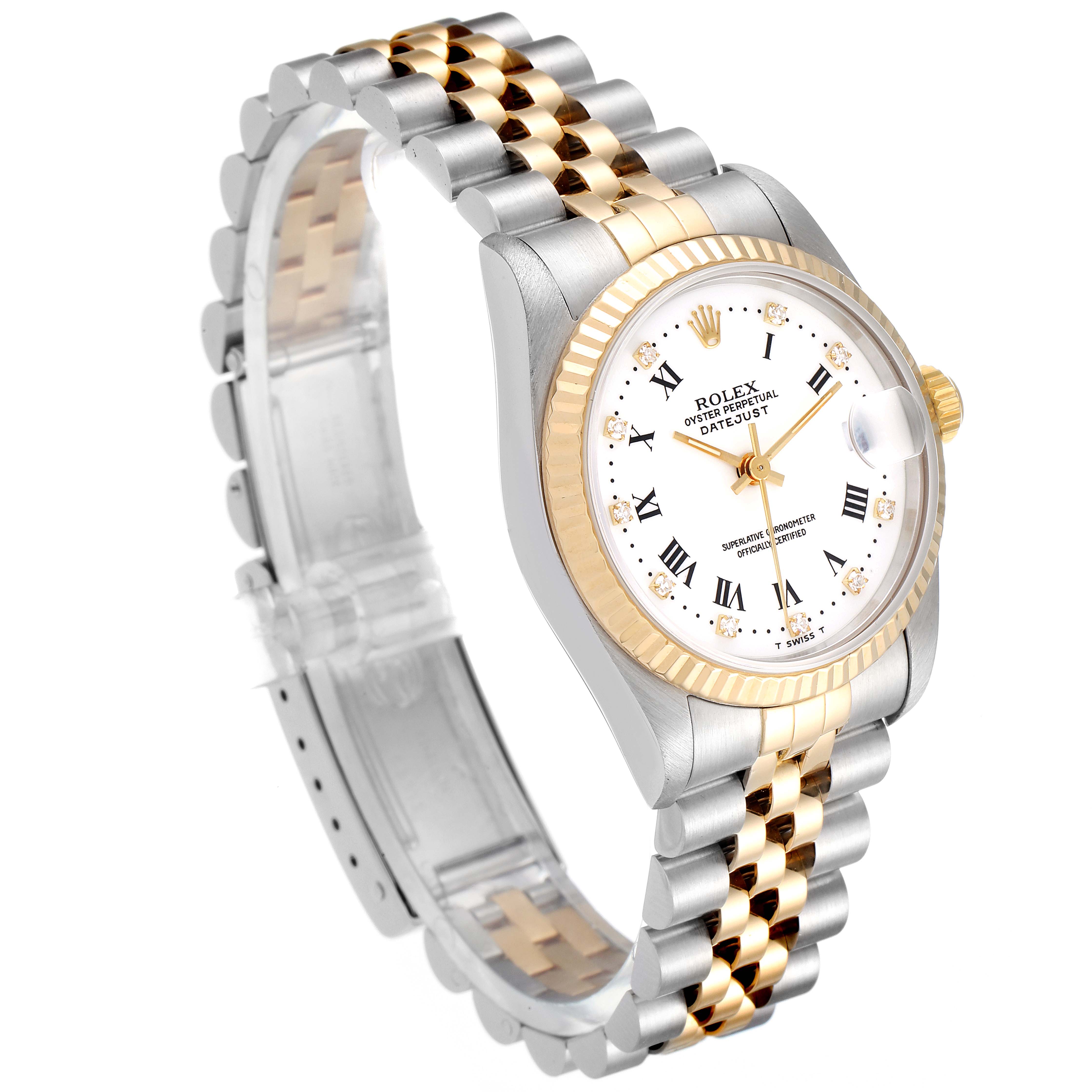 The image shows a Rolex Mid-Size 68273 Women
s Steel and Gold (two tone) White Dial 68273 Women
s Steel and Gold (two tone) White Dial Datejust watch at a slight angle, displaying the dial, bezel, bracelet, and crown.