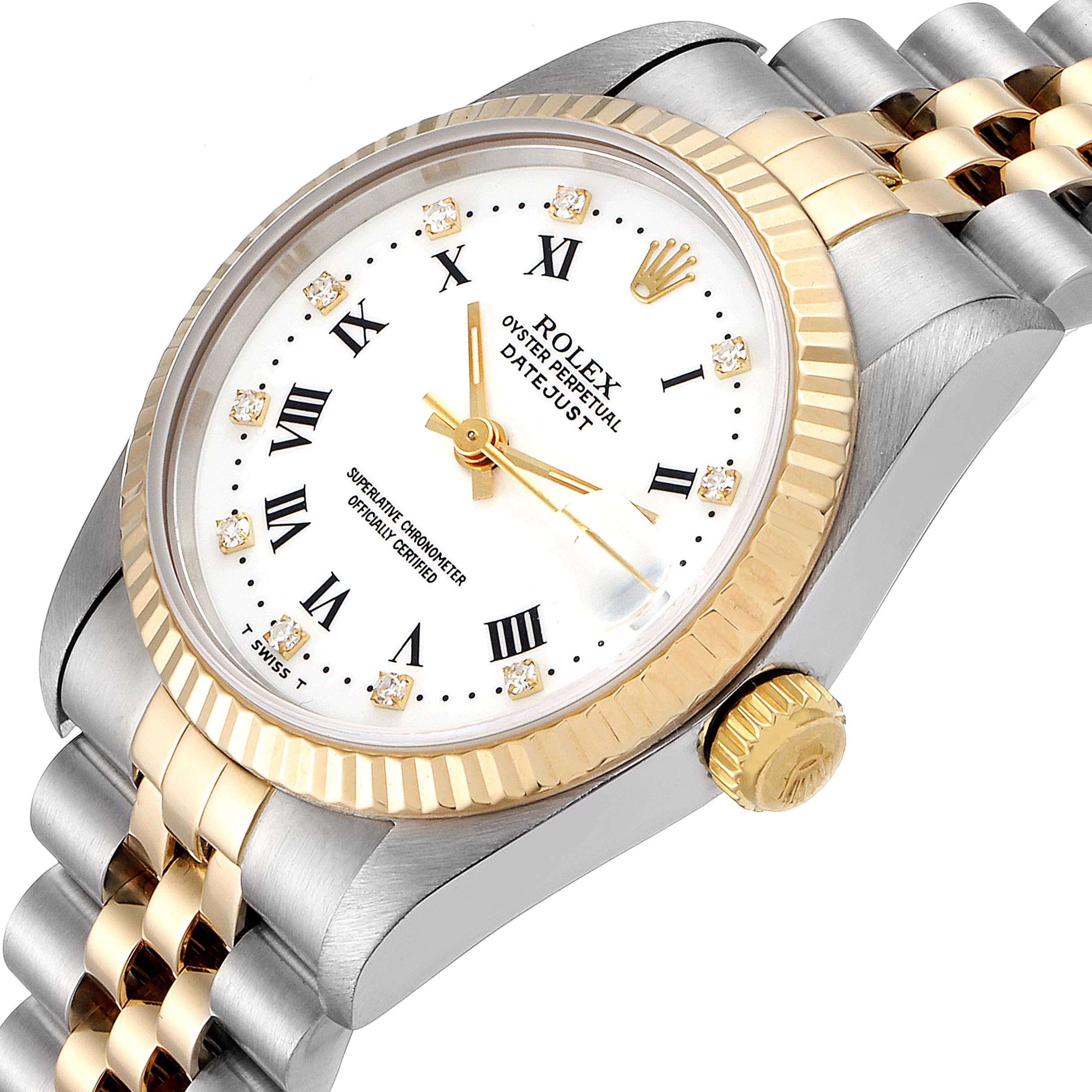 The image shows a close-up angled view of a Rolex Mid-Size 68273 Women
s Steel and Gold (two tone) White Dial 68273 Women
s Steel and Gold (two tone) White Dial Datejust watch, highlighting its bezel, dial, crown, and bracelet.