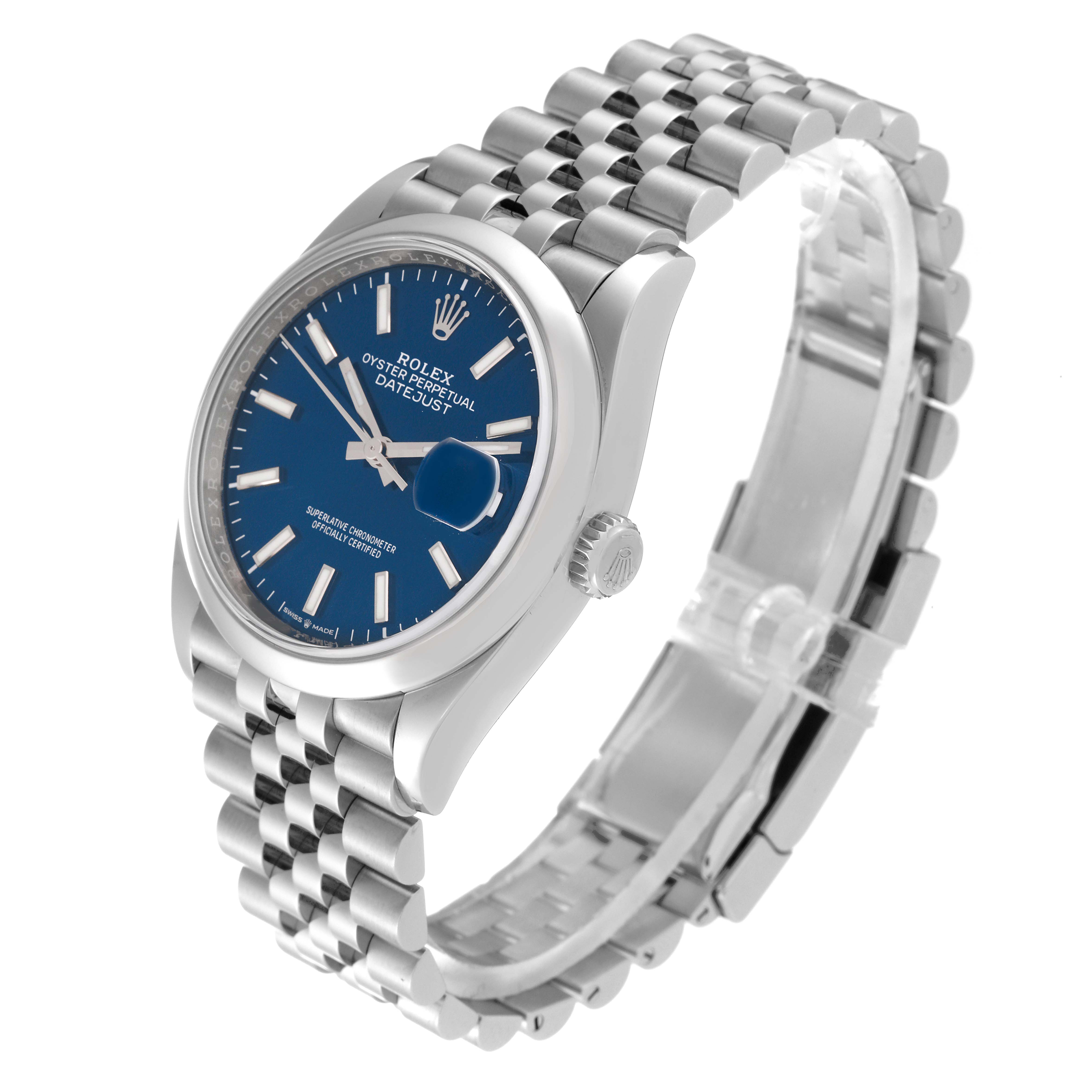 This image shows a Rolex Datejust 126200 Men's Stainless Steel Blue Dial 126200 Men's Stainless Steel Blue Dial watch at a three-quarter angle highlighting the face, bezel, and bracelet.