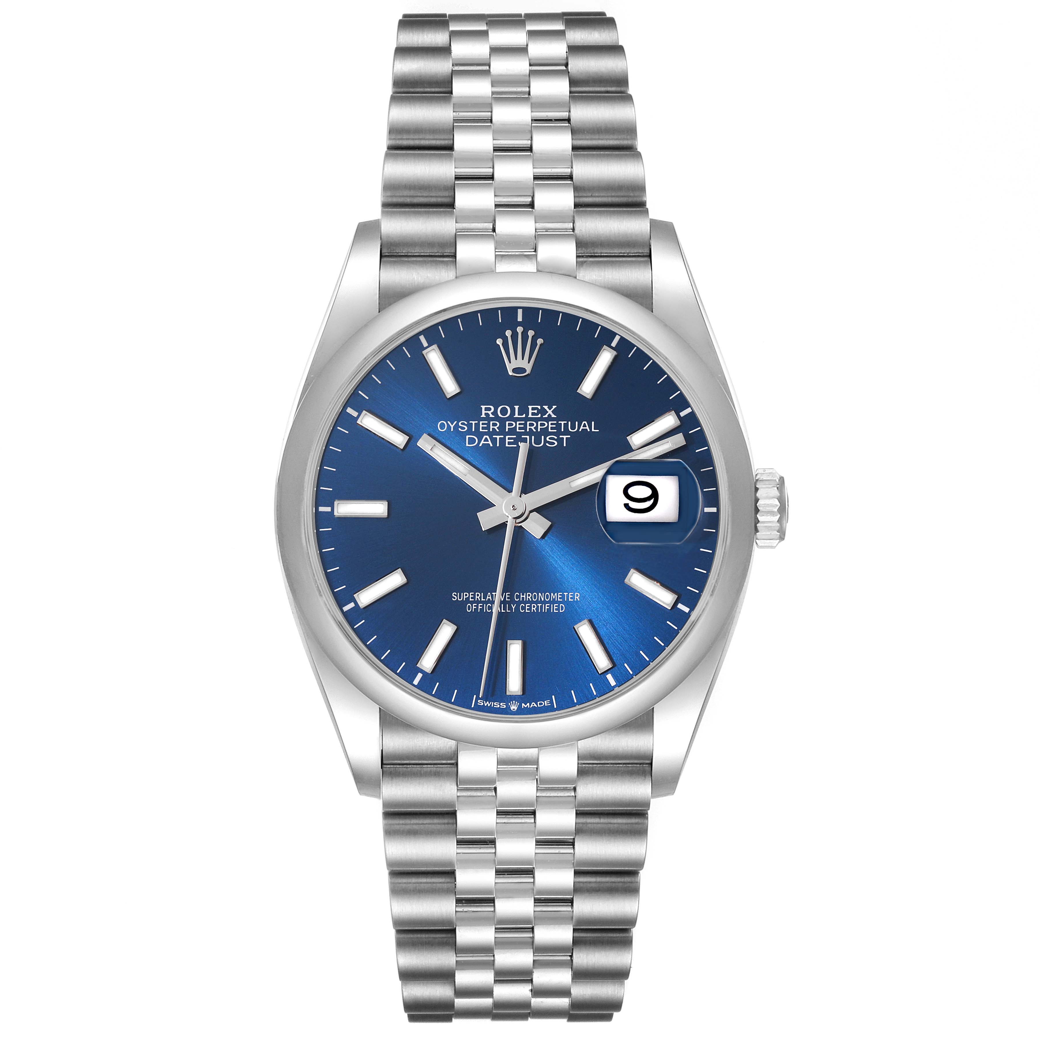 This image displays a Rolex Datejust 126200 Men's Stainless Steel Blue Dial 126200 Men's Stainless Steel Blue Dial watch with a blue dial viewed from a top-down angle.