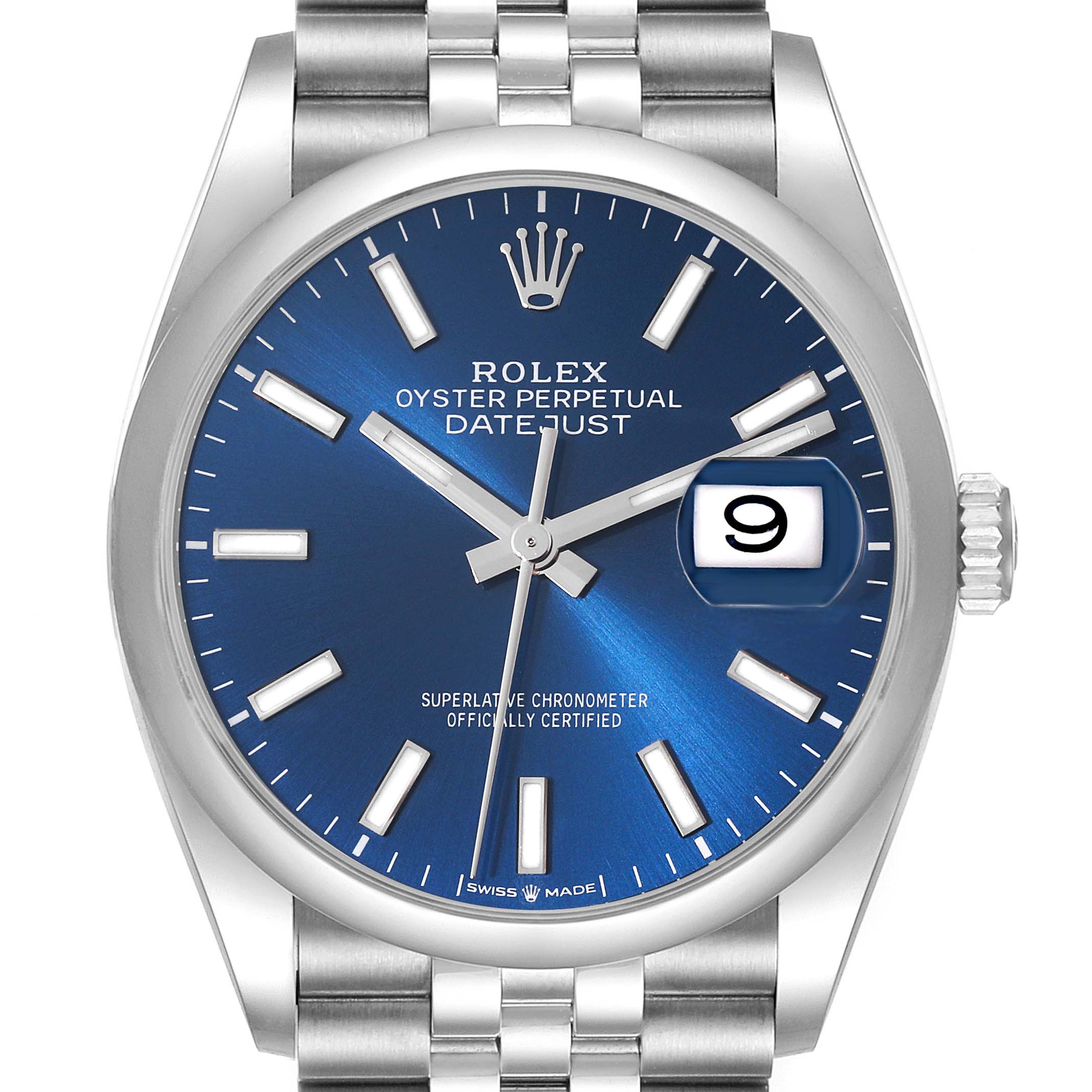 This image shows a front view of the Rolex Datejust 126200 Men's Stainless Steel Blue Dial 126200 Men's Stainless Steel Blue Dial watch with a blue dial, luminescent hour markers, and a date display at 3 o'clock.