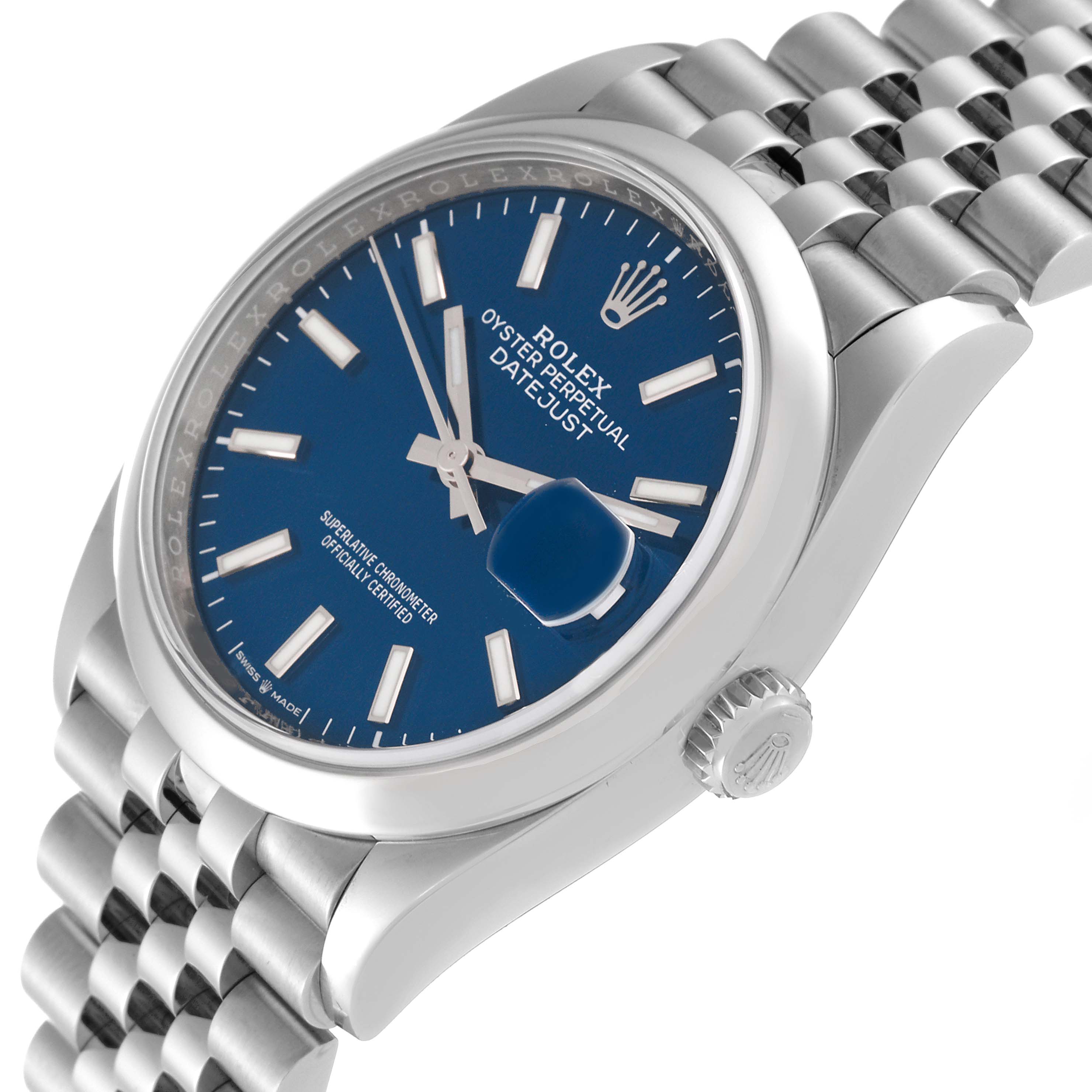 The Rolex Datejust 126200 Men's Stainless Steel Blue Dial 126200 Men's Stainless Steel Blue Dial watch is shown at an angle highlighting the blue dial, stainless steel case, and bracelet.