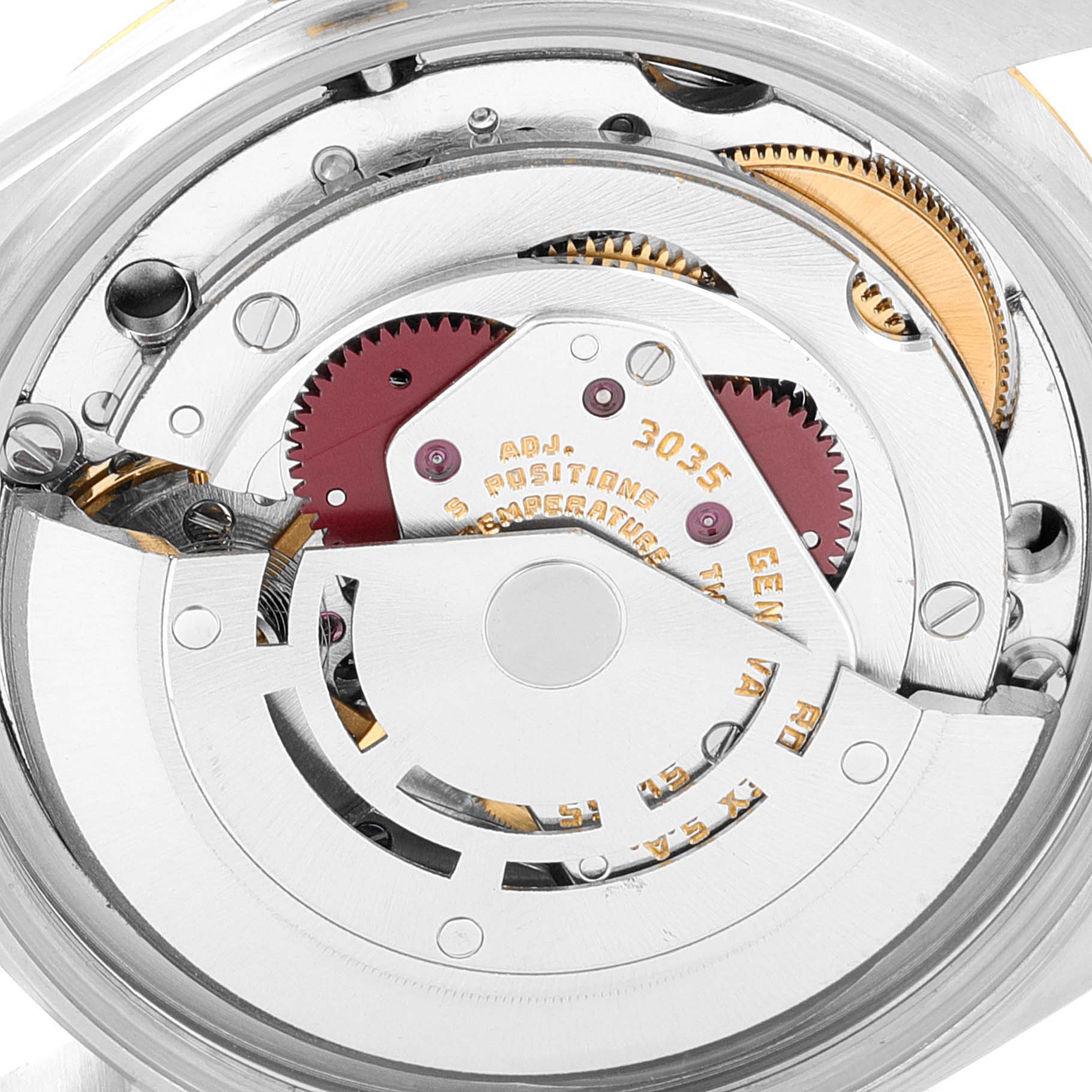 This image shows a close-up view of the movement inside a Rolex Datejust 16013 Men's Steel and Gold (two tone) Champagne Dial 16013 Men's Steel and Gold (two tone) Champagne Dial watch.