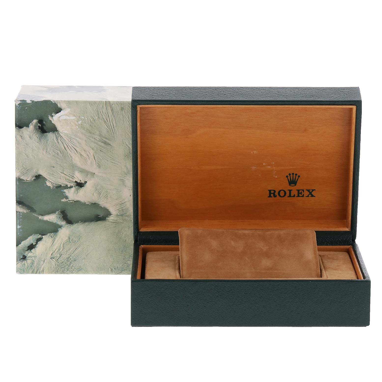 This image shows an open Rolex Datejust 16013 Men's Steel and Gold (two tone) Champagne Dial 16013 Men's Steel and Gold (two tone) Champagne Dial watch box with a green exterior and wooden interior.