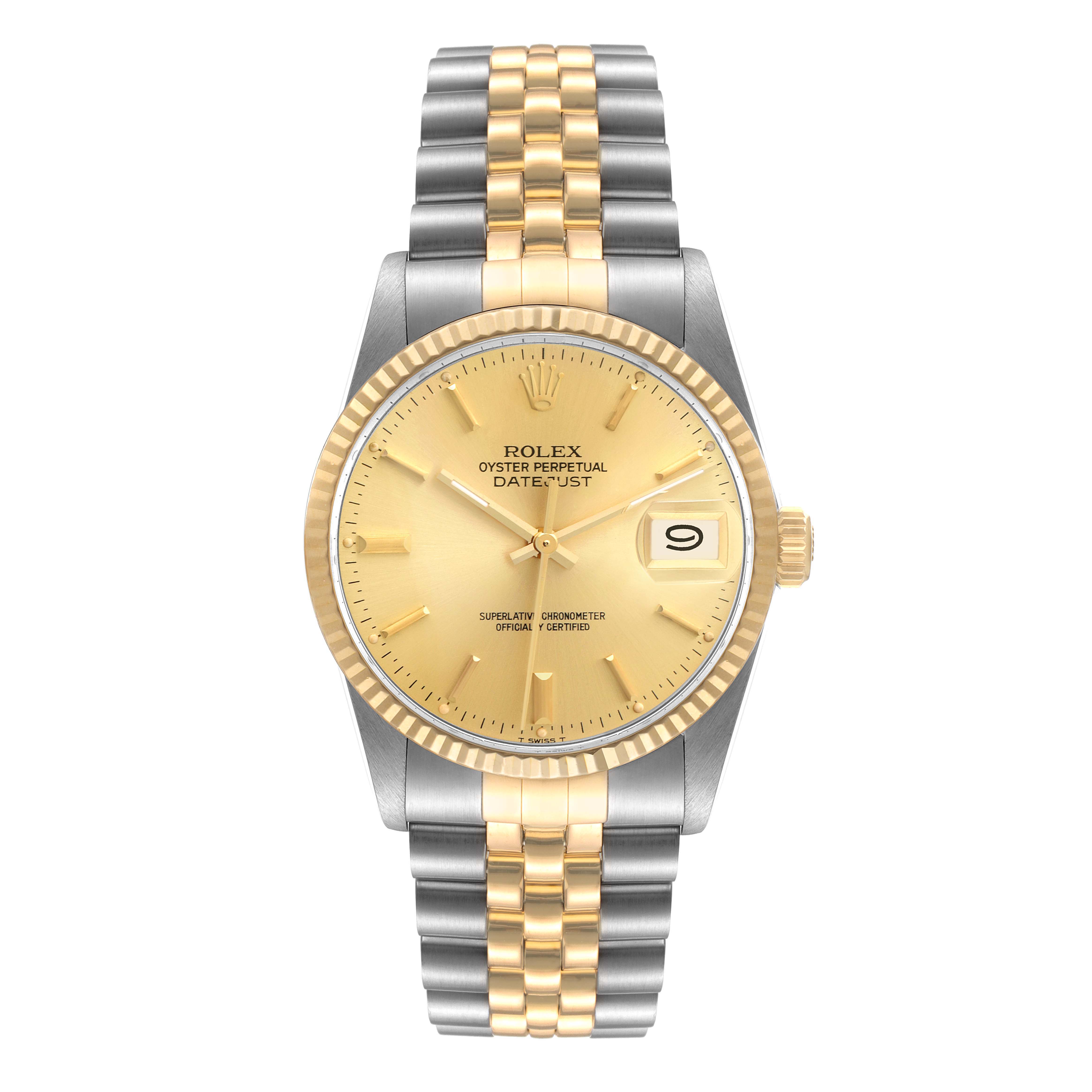 The image shows a front view of a Rolex Datejust 16013 Men's Steel and Gold (two tone) Champagne Dial 16013 Men's Steel and Gold (two tone) Champagne Dial watch, highlighting the dial, bezel, and bracelet.