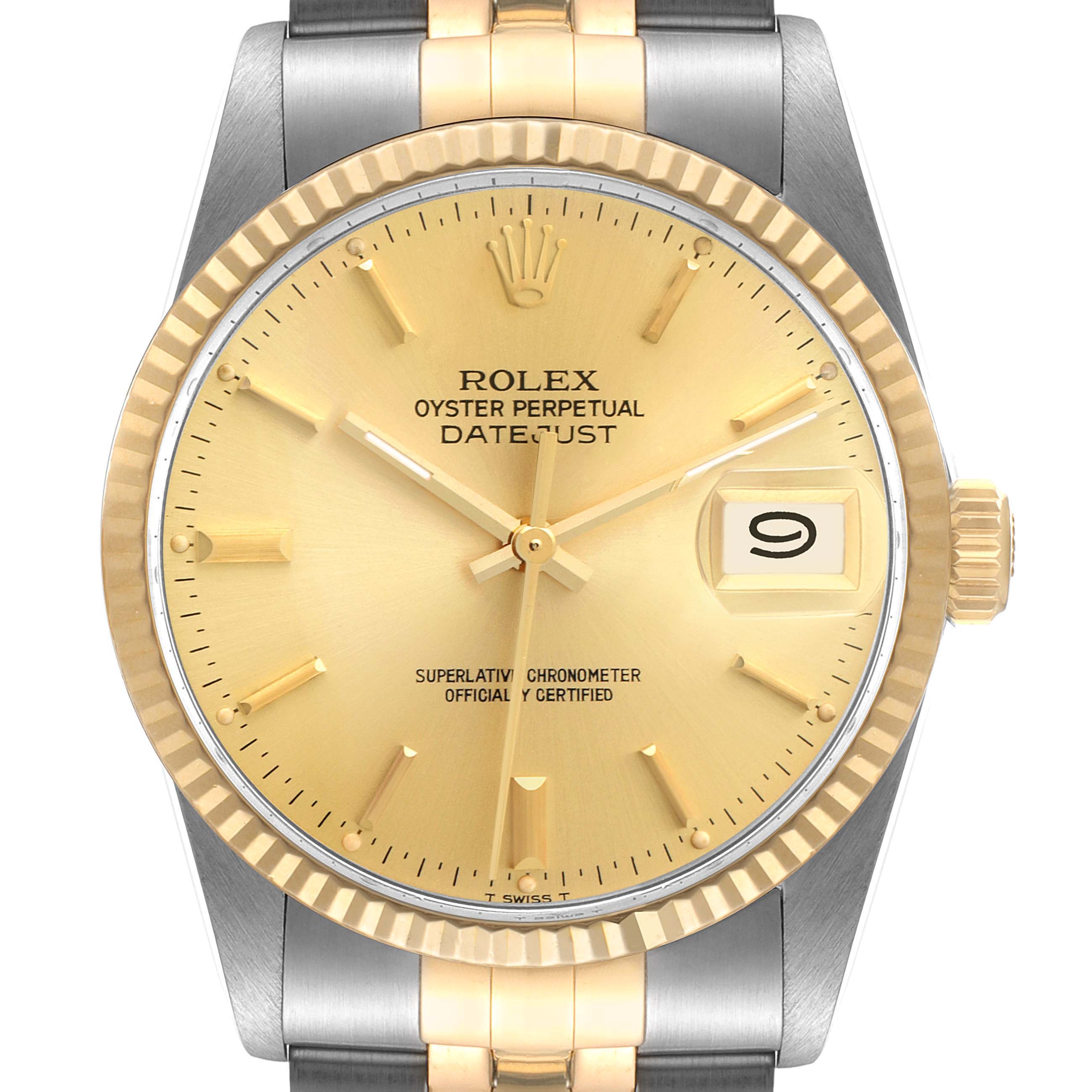 The image shows a front view of a Rolex Datejust 16013 Men's Steel and Gold (two tone) Champagne Dial 16013 Men's Steel and Gold (two tone) Champagne Dial watch with a gold dial and a two-tone bracelet.