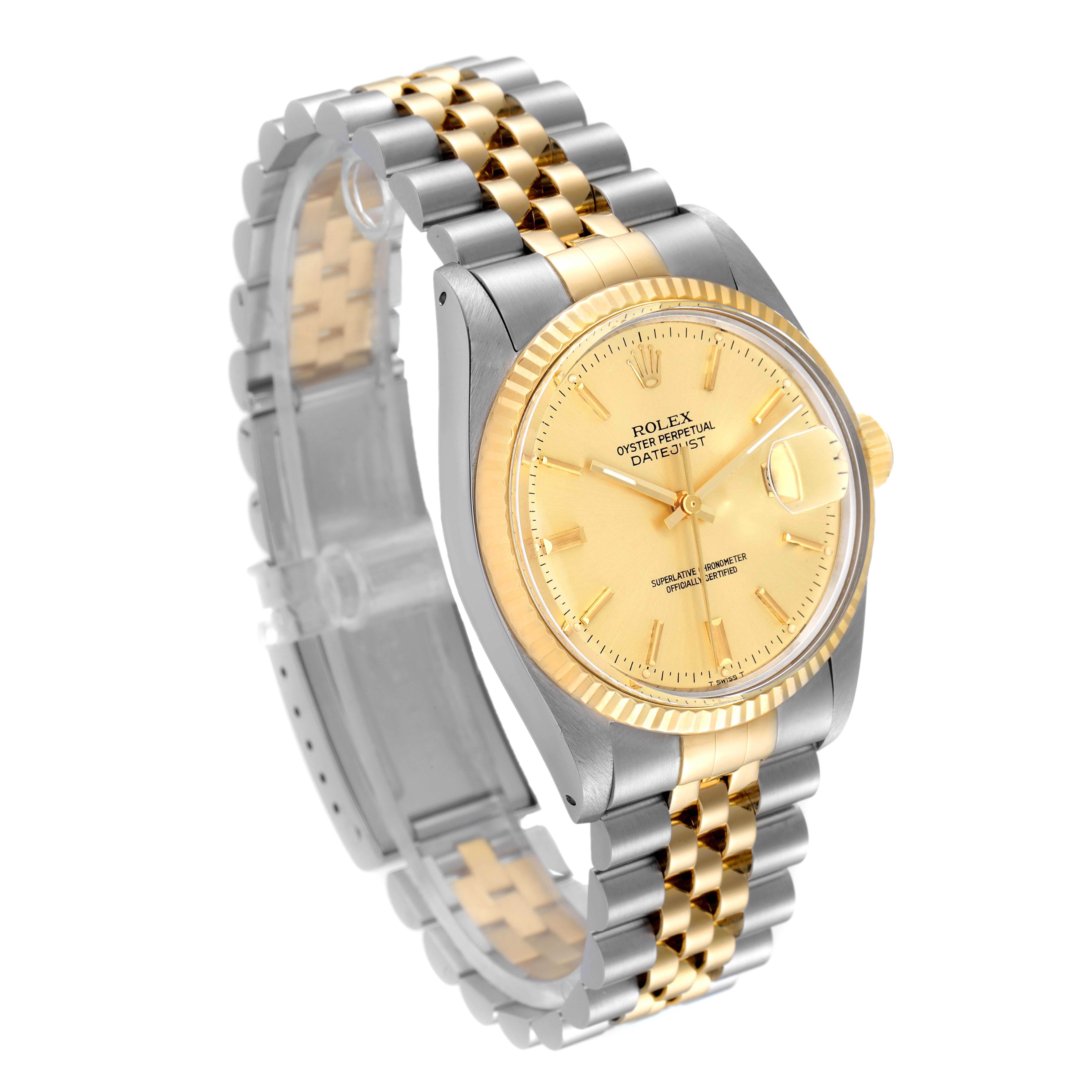 This Rolex Datejust 16013 Men's Steel and Gold (two tone) Champagne Dial 16013 Men's Steel and Gold (two tone) Champagne Dial watch is shown at a slight angle, displaying the dial, bezel, and bracelet.