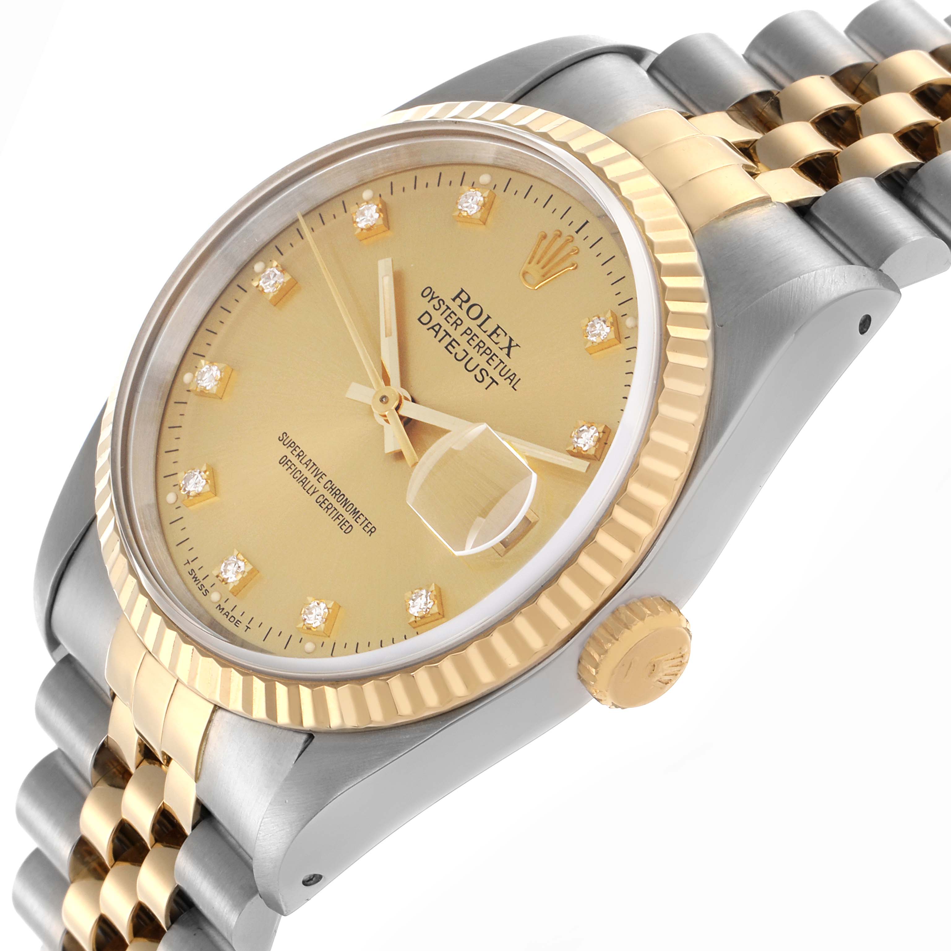 The Rolex Datejust 16233 Men
s Steel and Gold (two tone) Champagne Dial 16233 Men
s Steel and Gold (two tone) Champagne Dial watch is shown at an angle highlighting the gold bezel, crown, and two-tone bracelet.