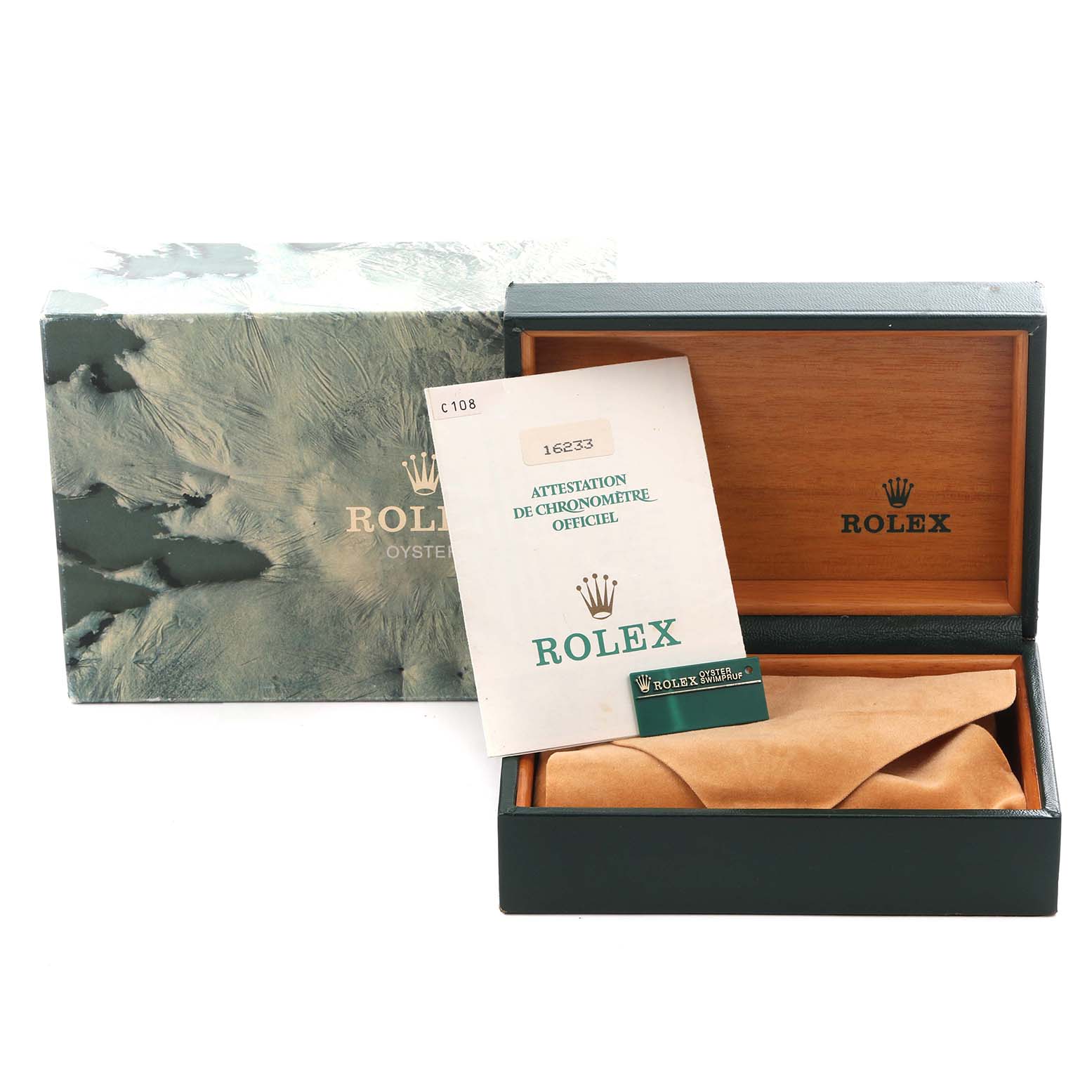 The image shows the Rolex Datejust 16233 Men
s Steel and Gold (two tone) Champagne Dial 16233 Men
s Steel and Gold (two tone) Champagne Dial box, outer packaging, and certification papers, angled from the front.