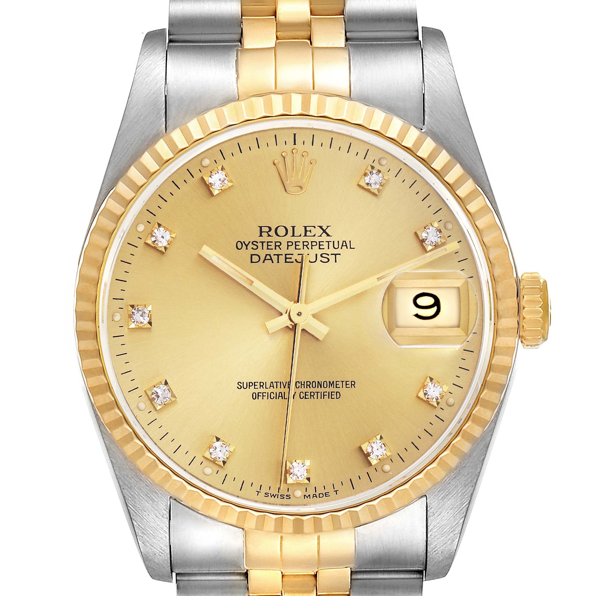 The Rolex Datejust 16233 Men
s Steel and Gold (two tone) Champagne Dial 16233 Men
s Steel and Gold (two tone) Champagne Dial watch is shown from a frontal angle, featuring the dial, bezel, crown, and part of the bracelet.
