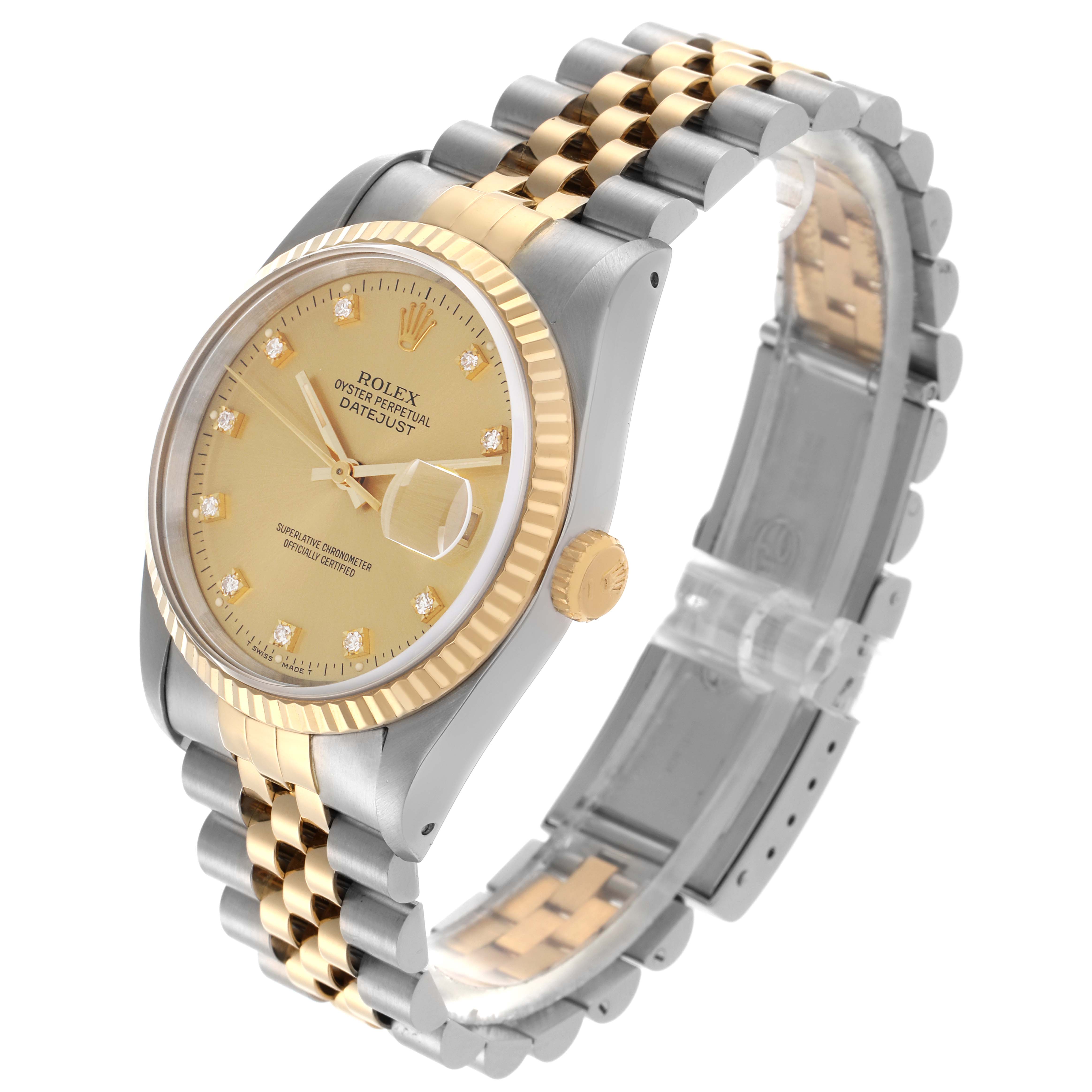 This Rolex Datejust 16233 Men
s Steel and Gold (two tone) Champagne Dial 16233 Men
s Steel and Gold (two tone) Champagne Dial watch is angled to show the face, side, and portion of the band, highlighting the bezel, crown, and bracelet.