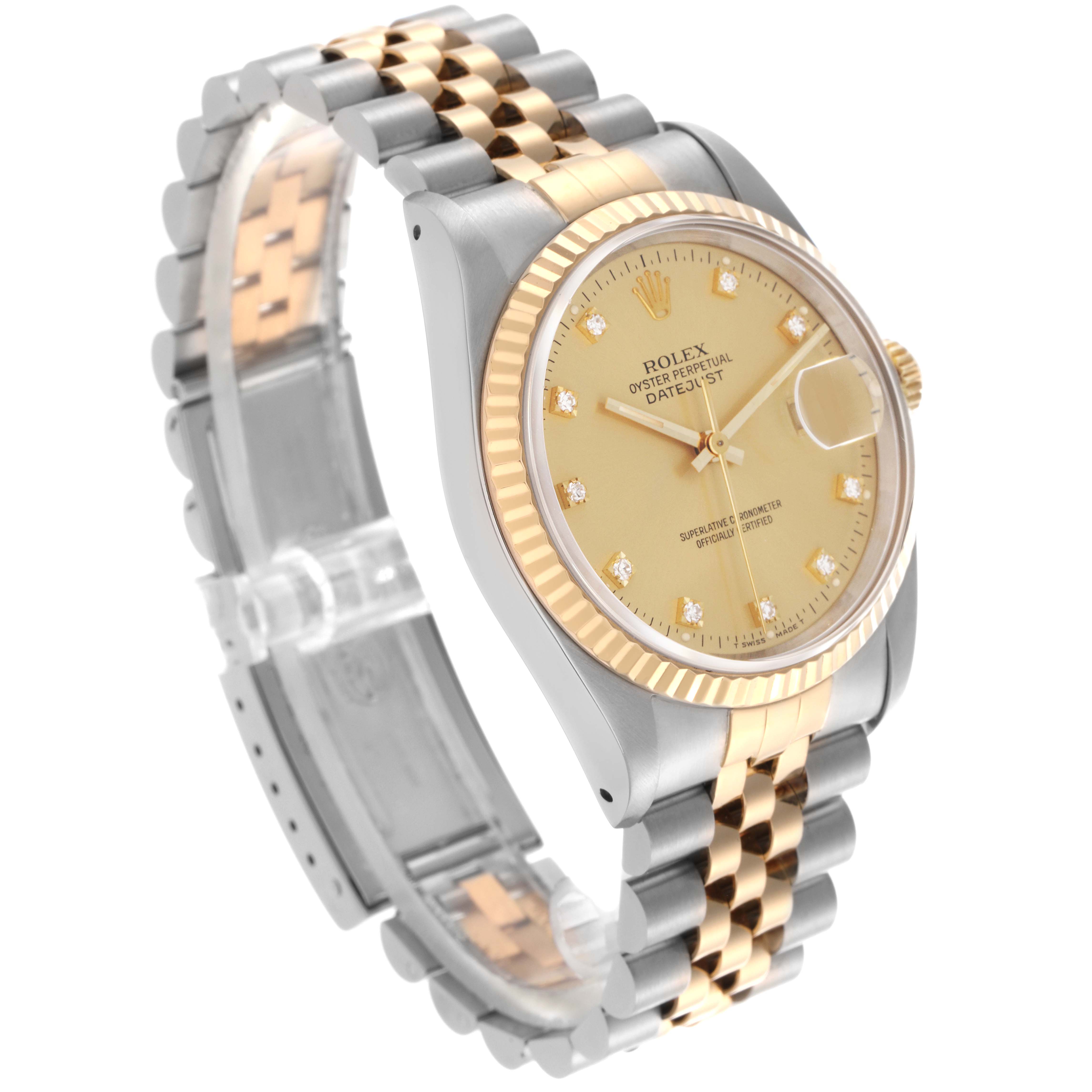 The Rolex Datejust 16233 Men
s Steel and Gold (two tone) Champagne Dial 16233 Men
s Steel and Gold (two tone) Champagne Dial watch is shown at a slight side angle, highlighting its dial, fluted bezel, and jubilee bracelet.