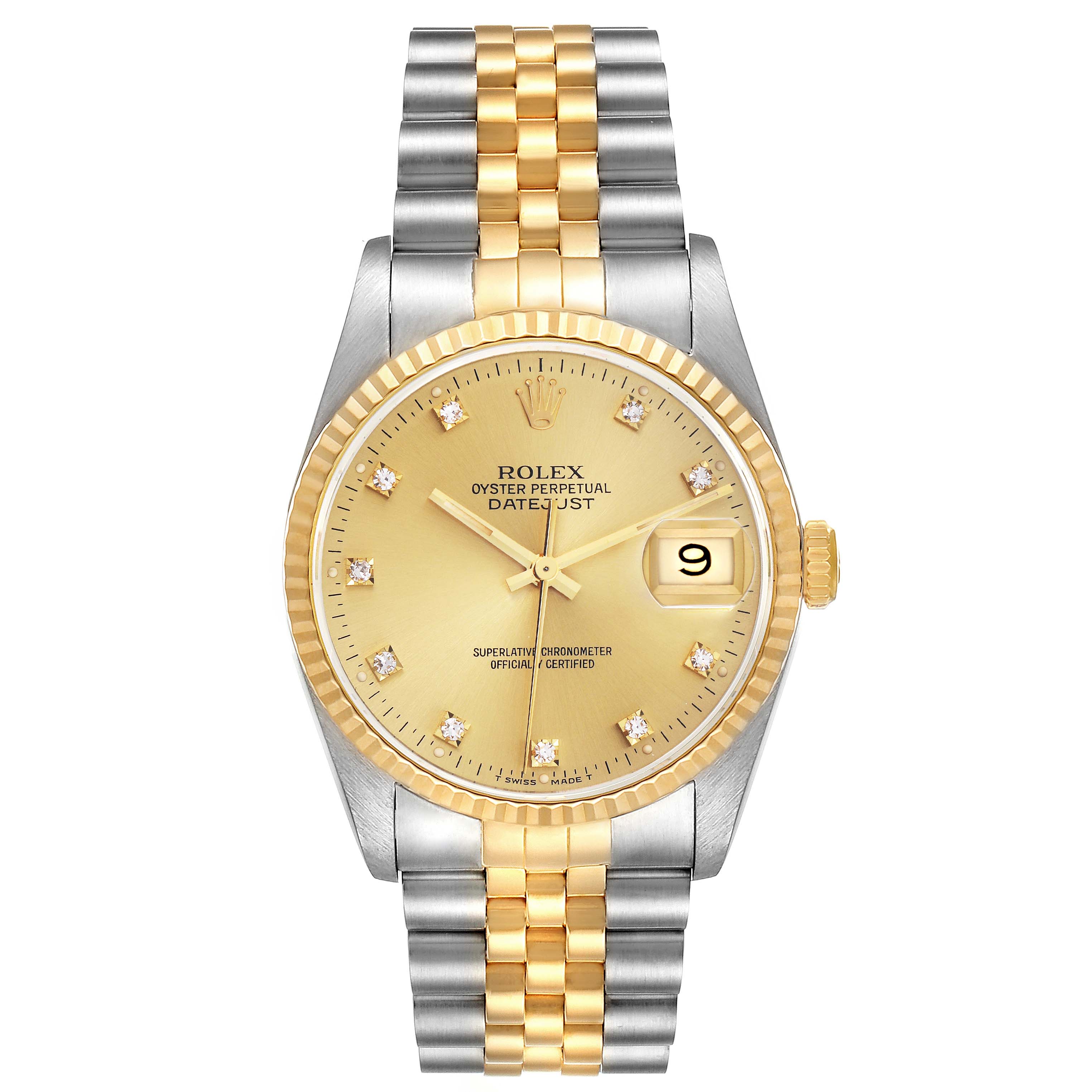 The image shows a Rolex Datejust 16233 Men
s Steel and Gold (two tone) Champagne Dial 16233 Men
s Steel and Gold (two tone) Champagne Dial watch from the front, highlighting its face, bezel, and two-tone bracelet.