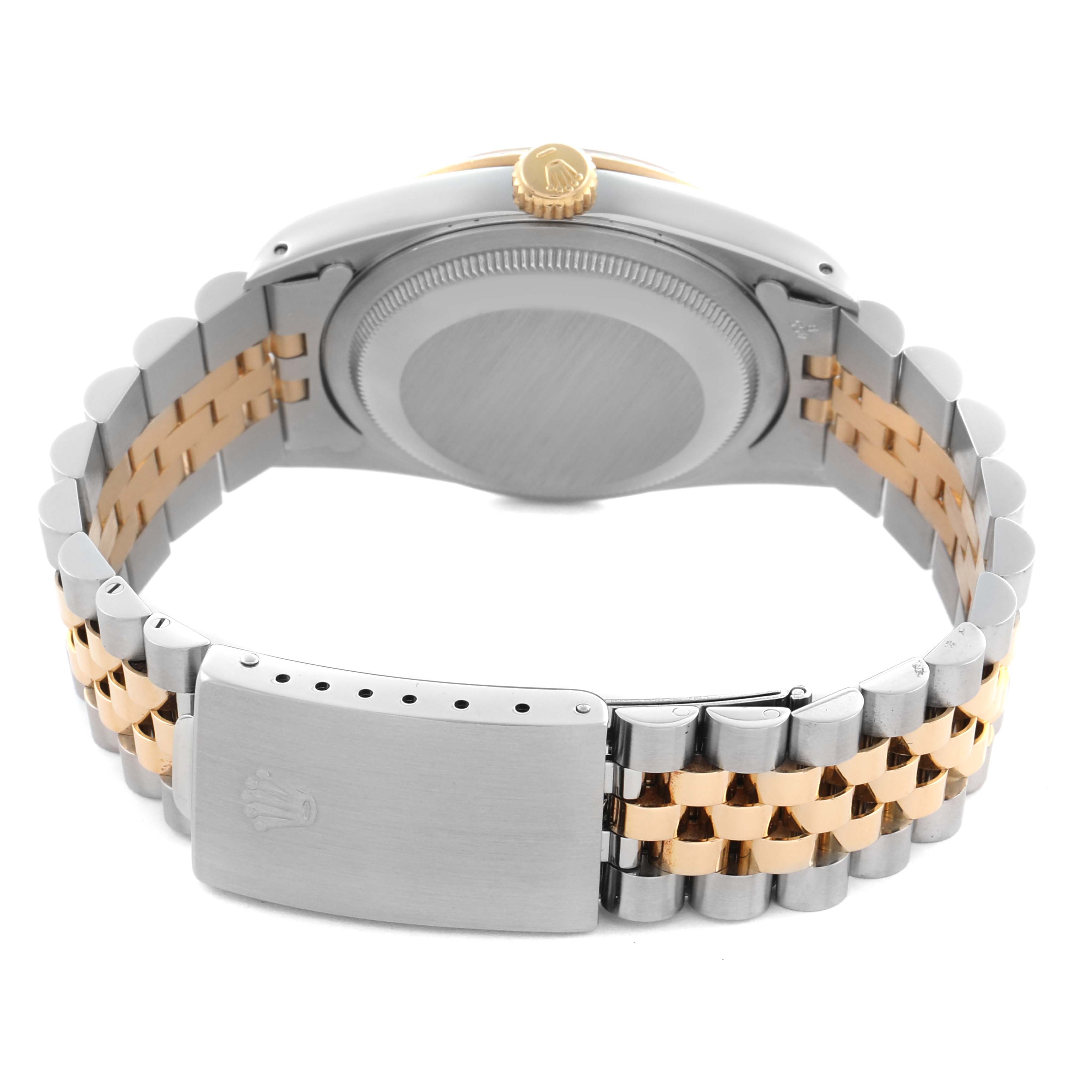 The image shows the back and bracelet of a Rolex Datejust 16233 Men
s Steel and Gold (two tone) Champagne Dial 16233 Men
s Steel and Gold (two tone) Champagne Dial, highlighting the clasp and two-tone bracelet.