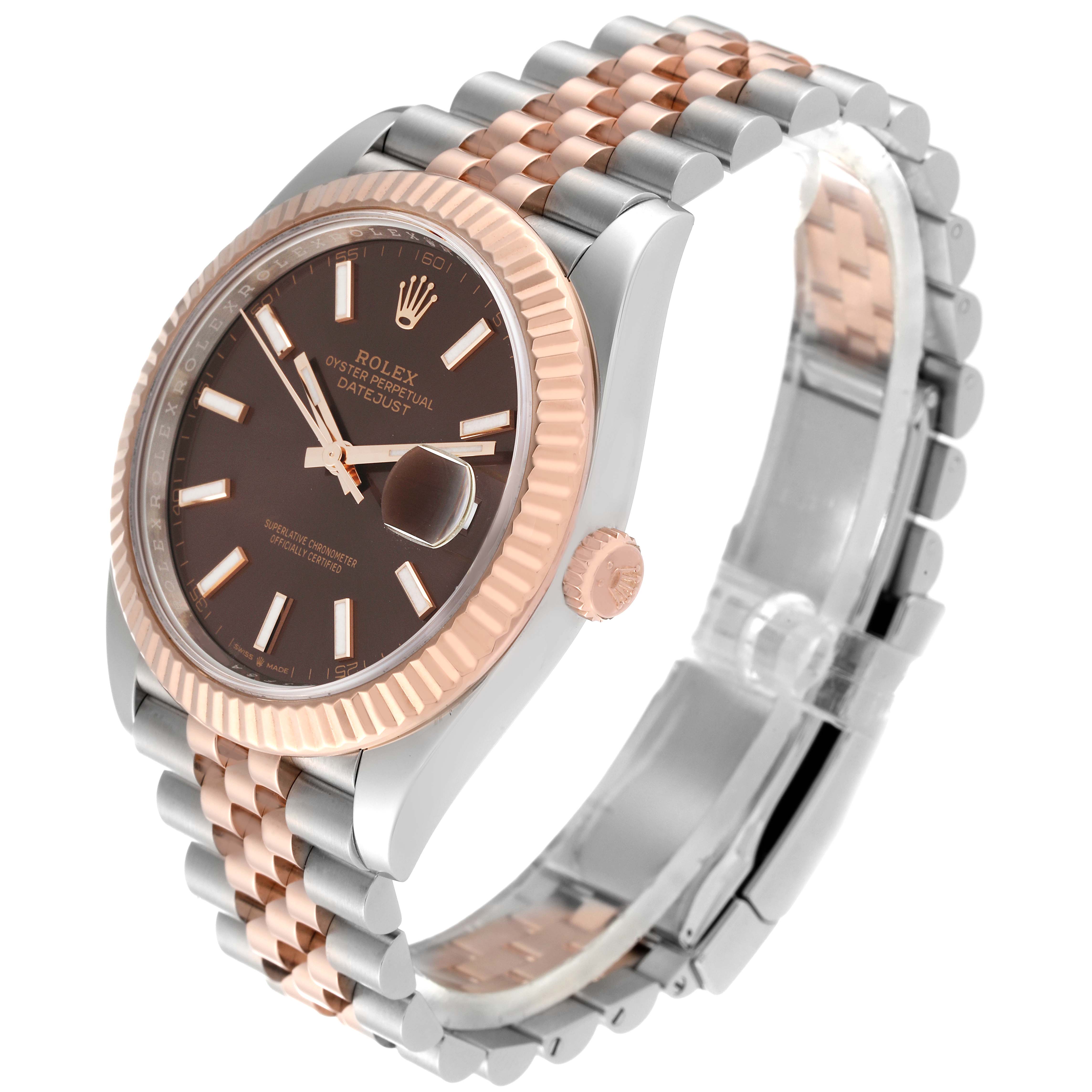 The image shows a Rolex Datejust 41 126331 Men's Steel and Gold (two tone) Brown Dial 126331 Men's Steel and Gold (two tone) Brown Dial watch angled to display the face, bezel, crown, and part of the jubilee bracelet.