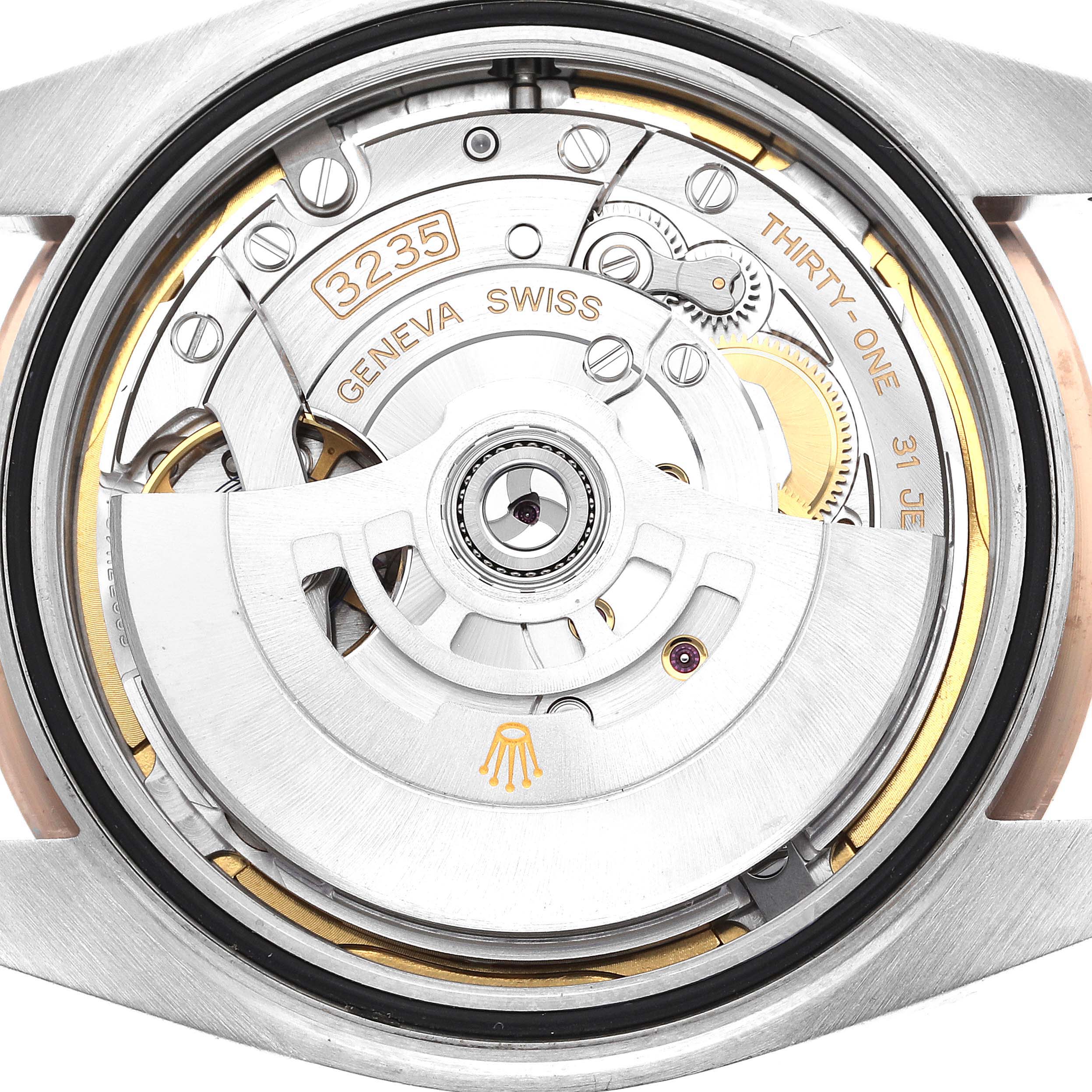 This image shows the backside view of the Rolex Datejust 41 126331 Men's Steel and Gold (two tone) Brown Dial 126331 Men's Steel and Gold (two tone) Brown Dial model, specifically highlighting its intricate movement components.