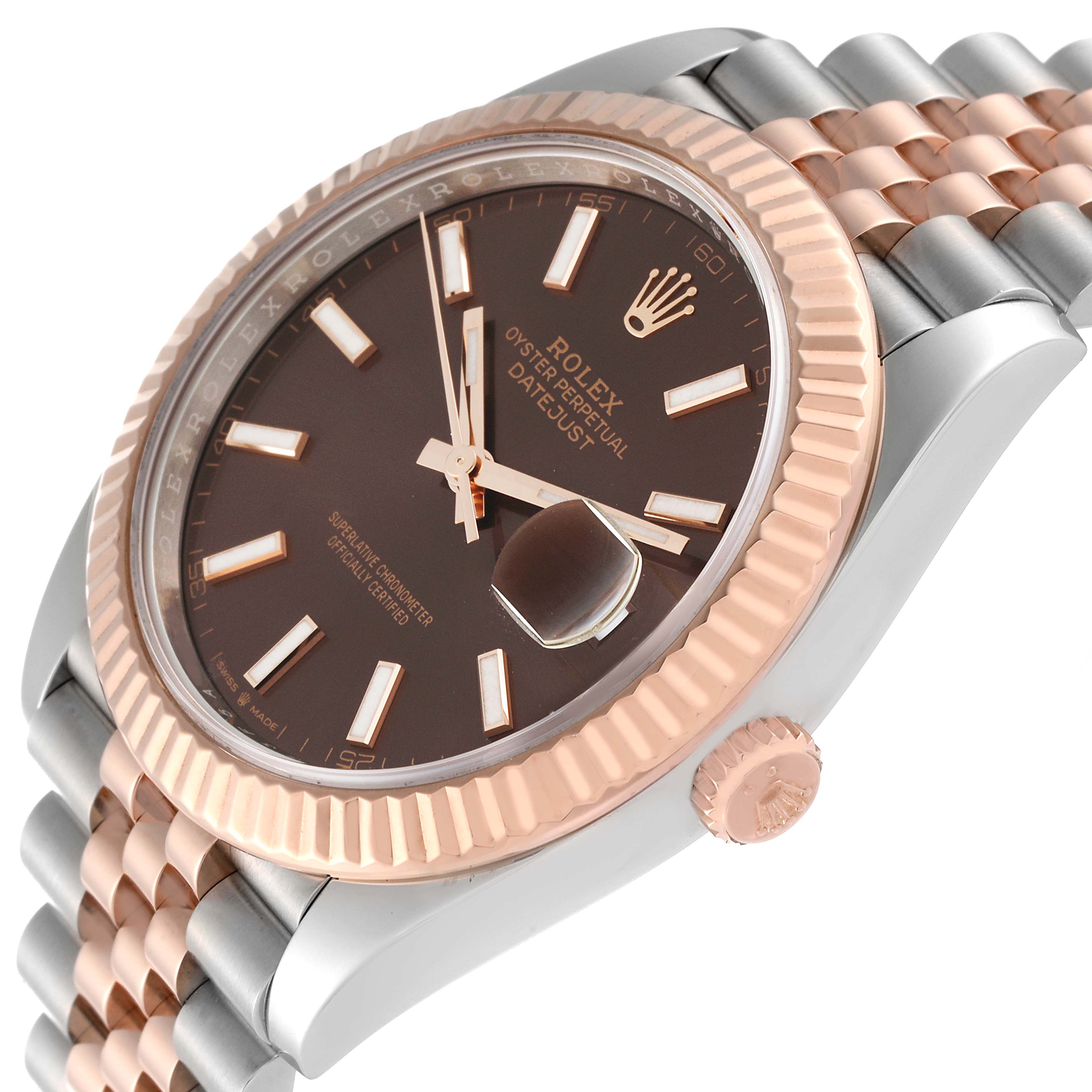 This image shows a close-up, angled view of the Rolex Datejust 41 126331 Men's Steel and Gold (two tone) Brown Dial 126331 Men's Steel and Gold (two tone) Brown Dial watch, highlighting its dial, bezel, and partial bracelet.