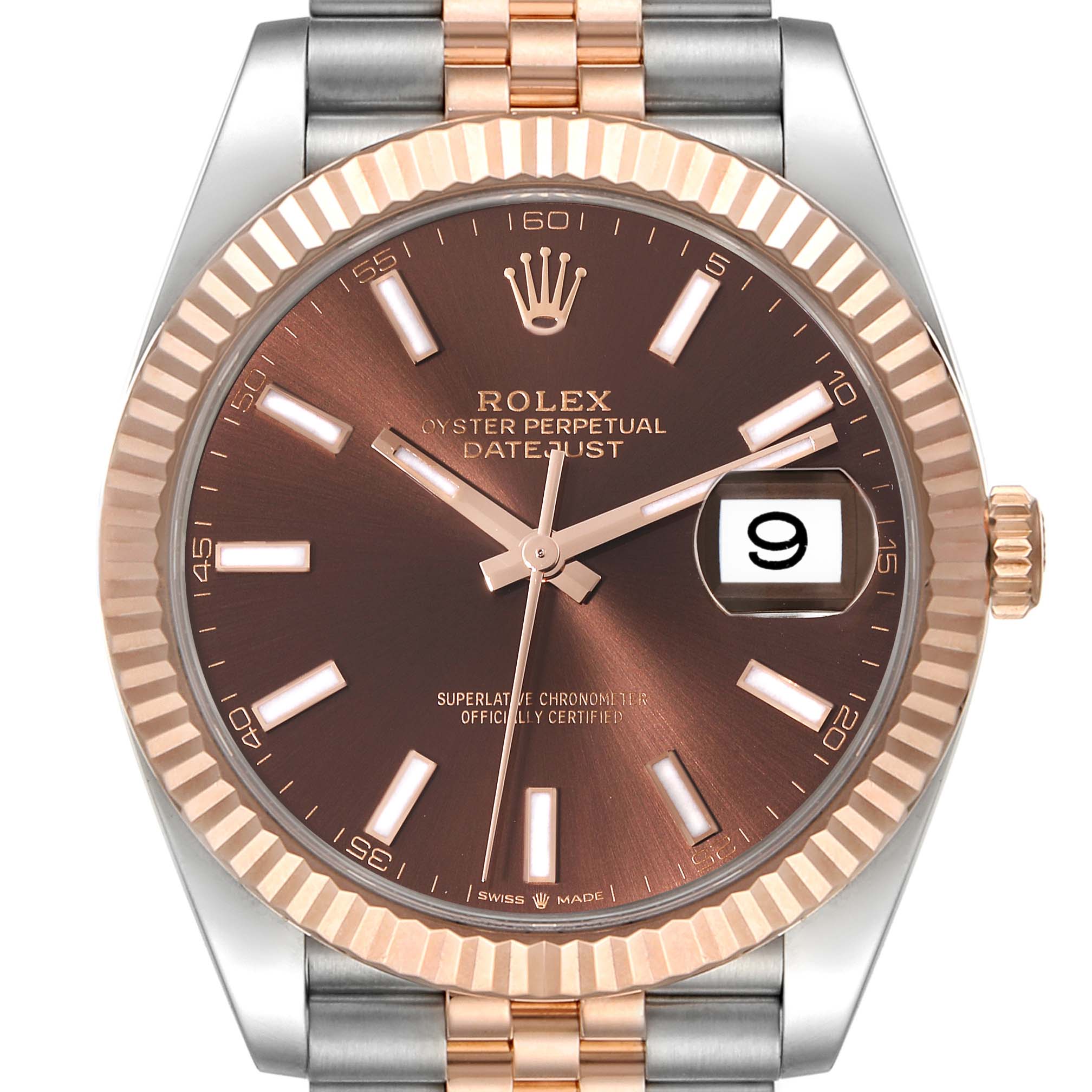 This image shows the front view of the Rolex Datejust 41 126331 Men's Steel and Gold (two tone) Brown Dial 126331 Men's Steel and Gold (two tone) Brown Dial watch, highlighting the dial, fluted bezel, and part of the bracelet.