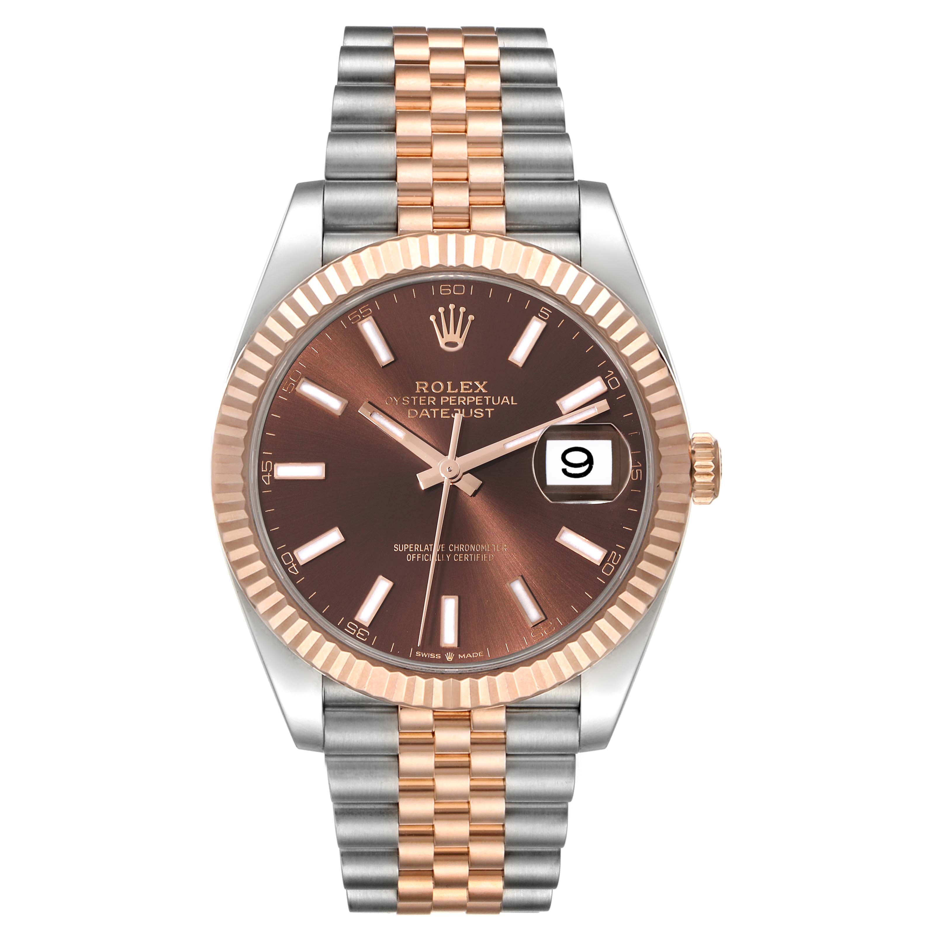 The image shows a frontal view of a Rolex Datejust 41 126331 Men's Steel and Gold (two tone) Brown Dial 126331 Men's Steel and Gold (two tone) Brown Dial watch with a brown dial and a two-tone bracelet.