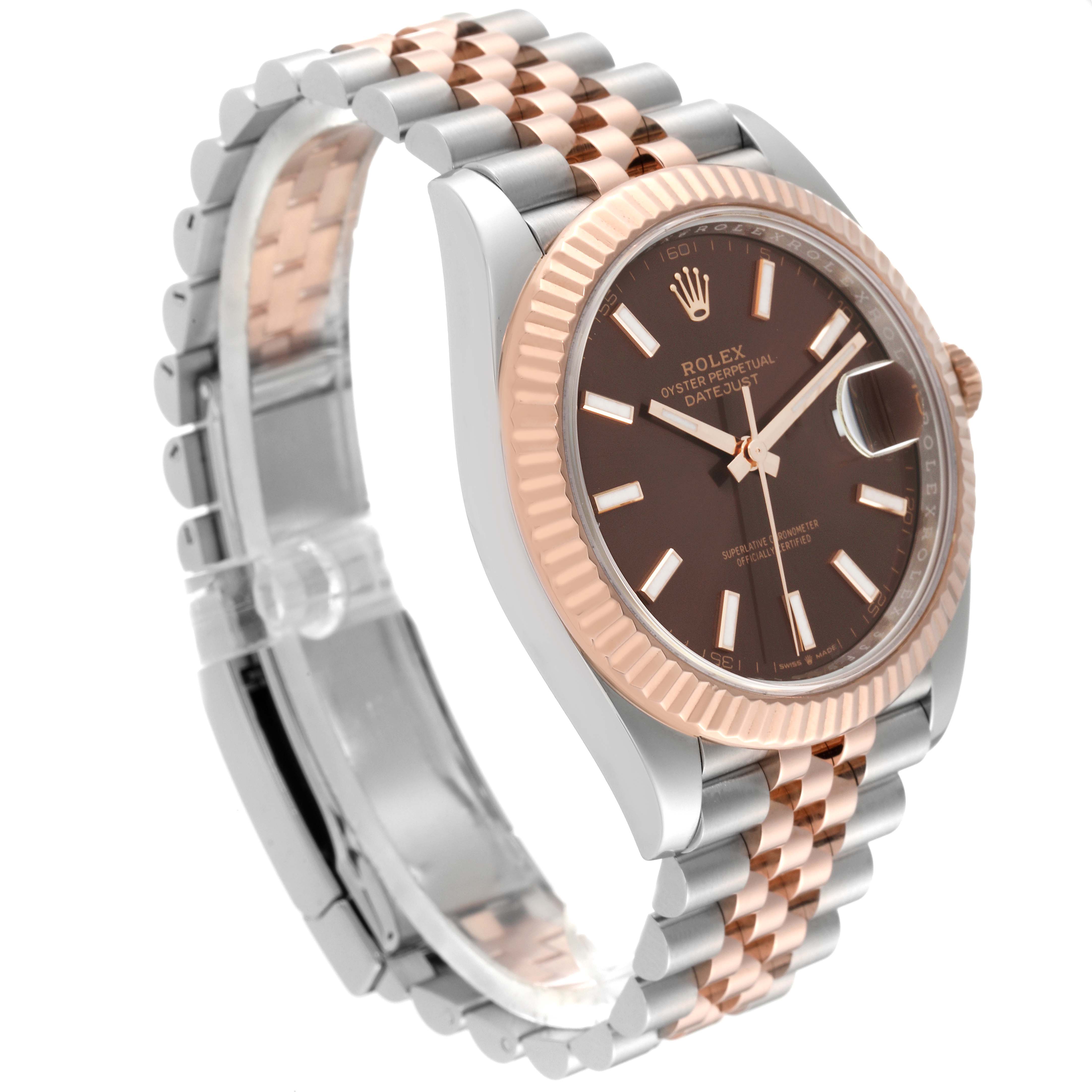 This image shows a Rolex Datejust 41 126331 Men's Steel and Gold (two tone) Brown Dial 126331 Men's Steel and Gold (two tone) Brown Dial watch at a slight side angle, featuring its two-tone bracelet, fluted bezel, and chocolate dial.